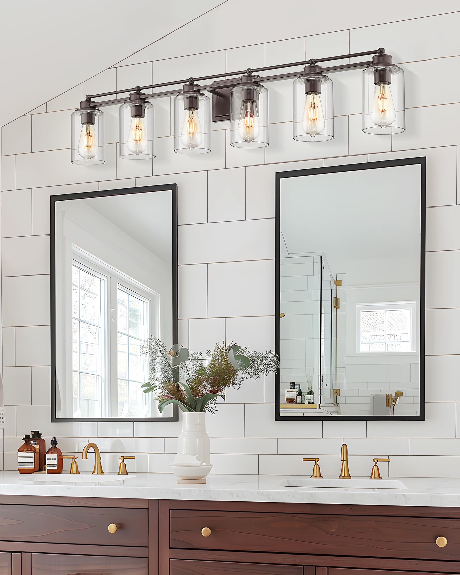 Hwh Bathroom Lighting Fixtures Over Mirror 6 Light Oil-Rubbed Bronze Wall Vanity Lights With Clear Glass Shade  5Hlt63B-6W Orb