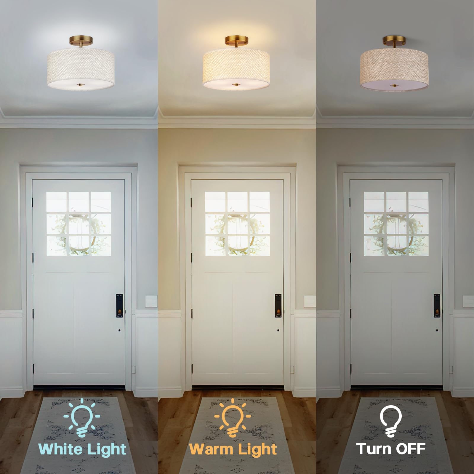 Clarsyne 13 Boho Rattan-Style Semi Flush Mount Ceiling Light Fixture  3-Light Modern Fabric Shade Drum Lamp  White Rustic Lighting For Bedroom  Kitchen  Dining Room  Living Room  Hallway  Entryway