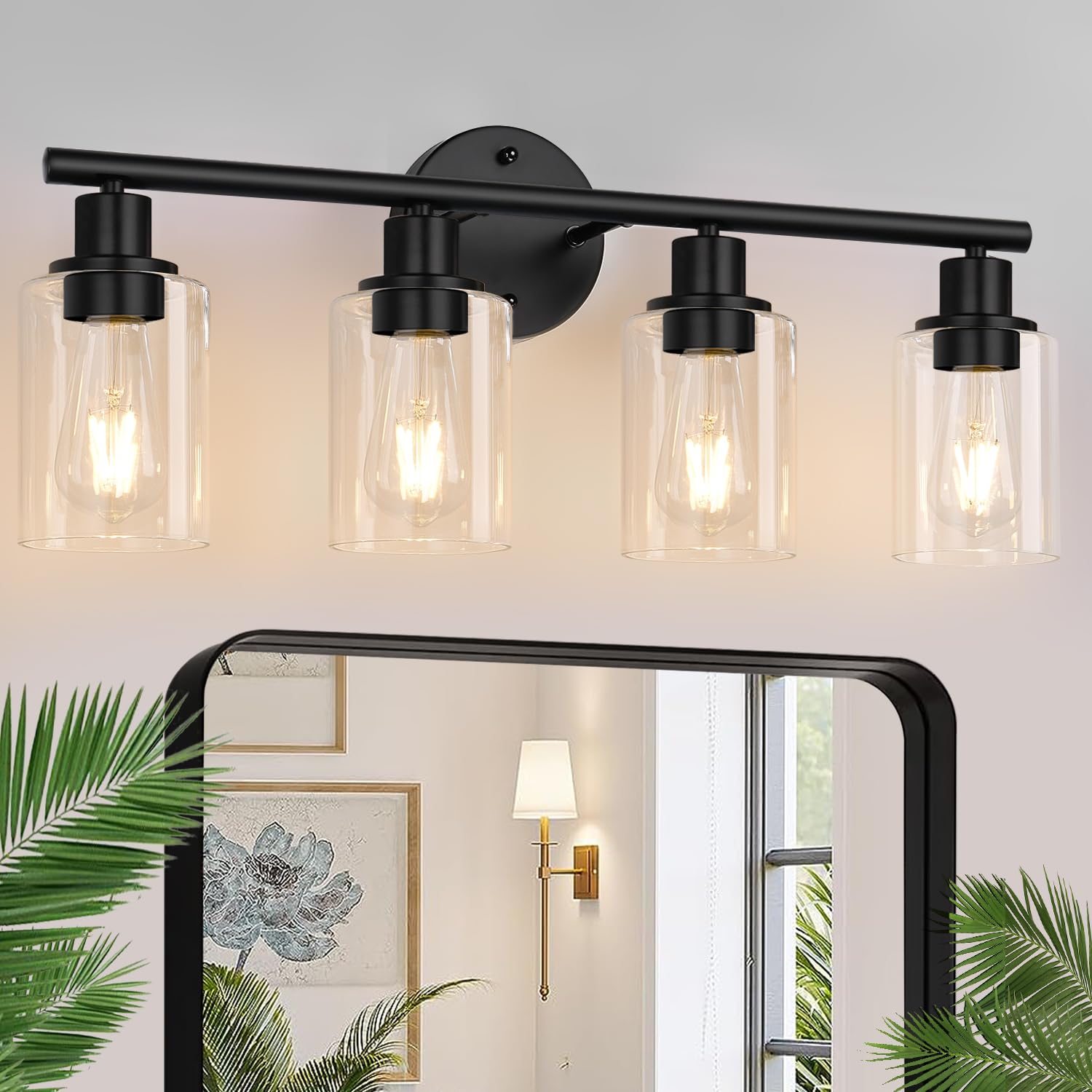 4-Light Bathroom Light Fixtures, Matte Black Modern Vanity Lights Over Mirror With Clear Glass Shade, Bathroom Wall Lamp For Mir