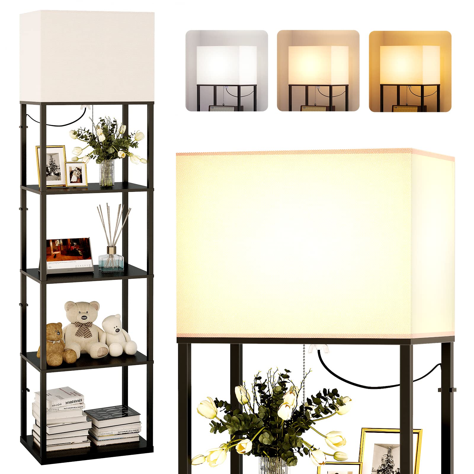 addlon Floor Lamp with Shelves, 19in W, 5-Tier, LED Bulb, Black, Modern Design for Living Room, Bedroom, Office