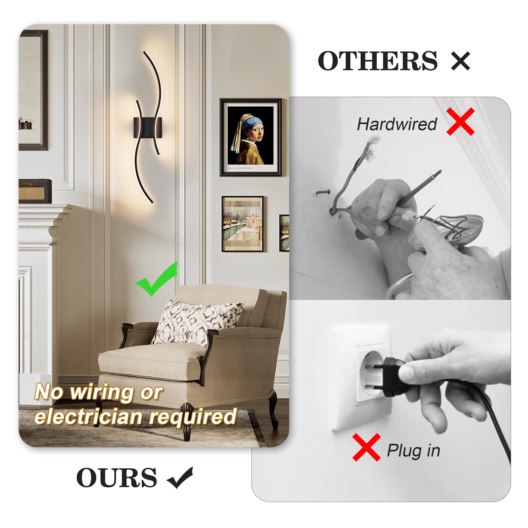KARTOOSH Battery Operated Wall Sconces, LED Dimmable, 3000K-6000K, 27.5 Inch, Black, Set of Two with Remote Control