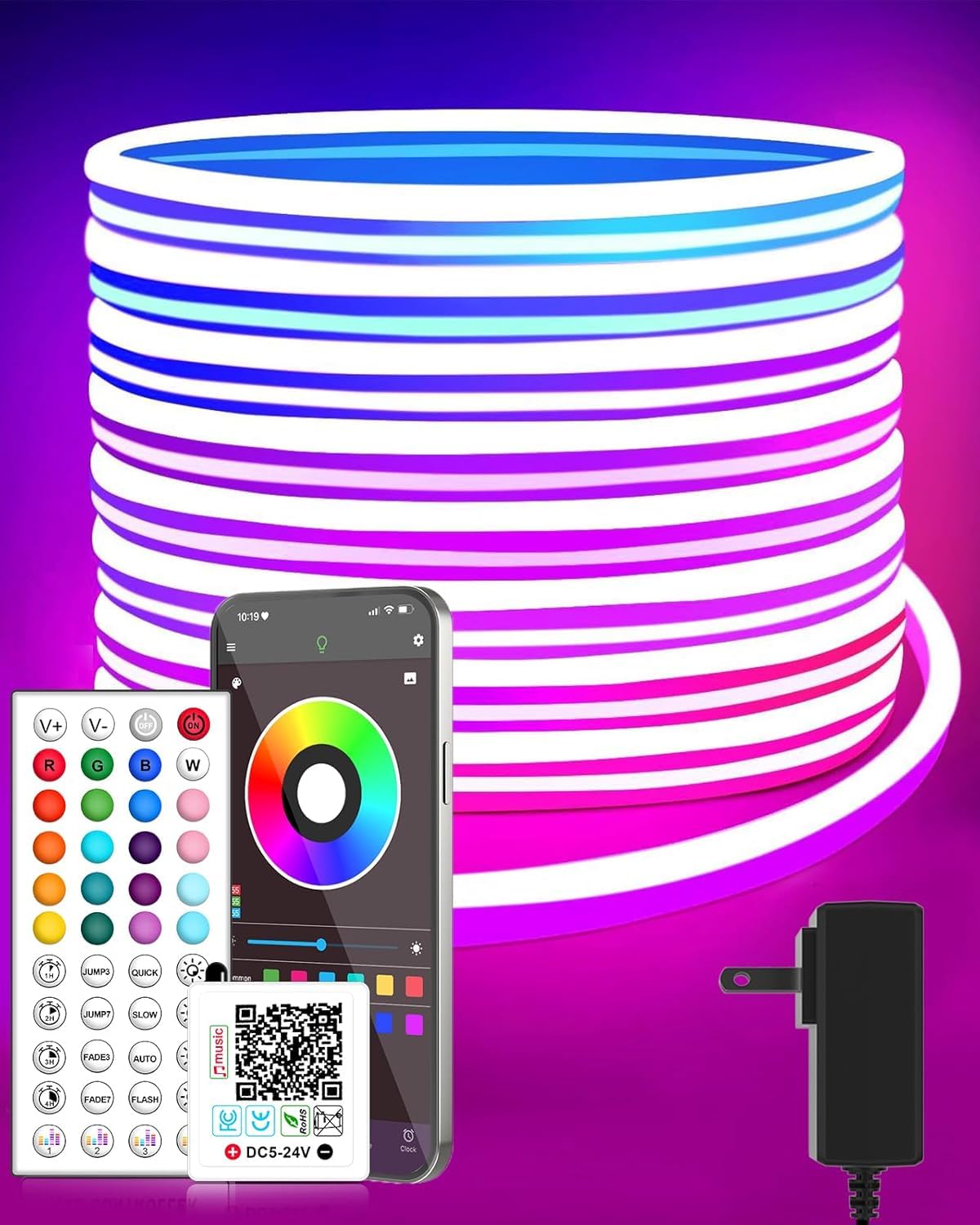 Vrribonx LED Neon Rope Lights 19.6FT, Flexible, IP65 Waterproof, Music Sync, Model V20-001