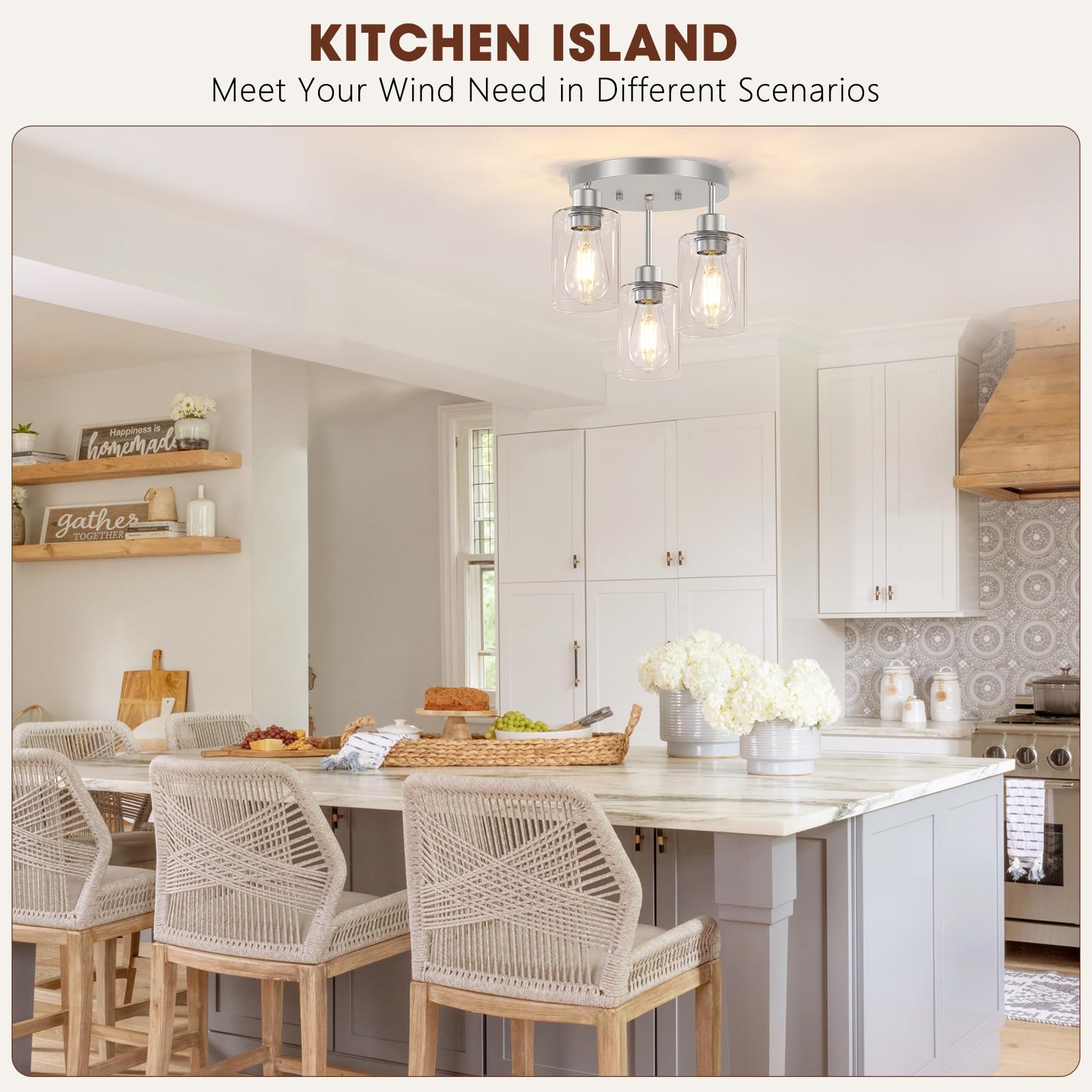 Feanron 3-Light Brushed Nickel Flush Mount Ceiling Light, Hallway Light Fixtures Ceiling Mount With Clear Glass Shades, Modern C