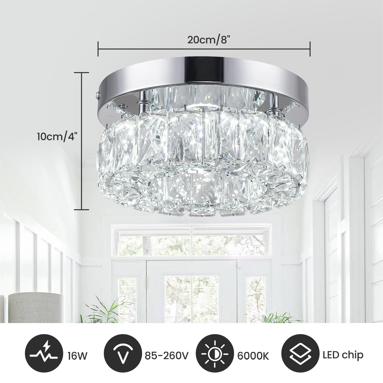 RHEAFON Mini Crystal Chandelier - 7.9" LED Flush Mount, K9 Crystal, Polished Stainless Steel, 6500K Cool White, Model MC003