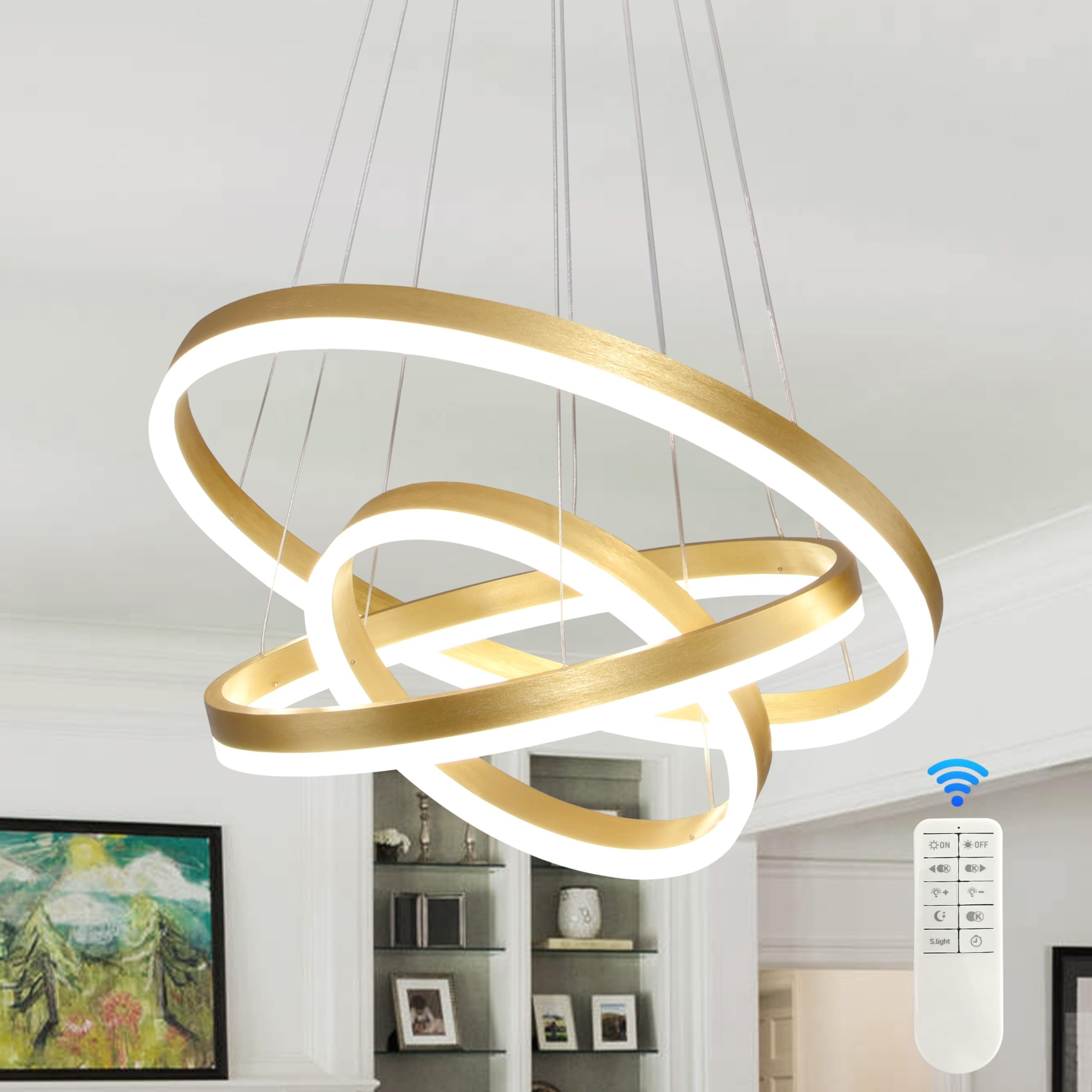 Mccokaige Modern Gold Led Chandelier 3 Rings Gold Dimmable Led Chandeliers Light Fixture For Kitchen Island Height Adjustable Ch