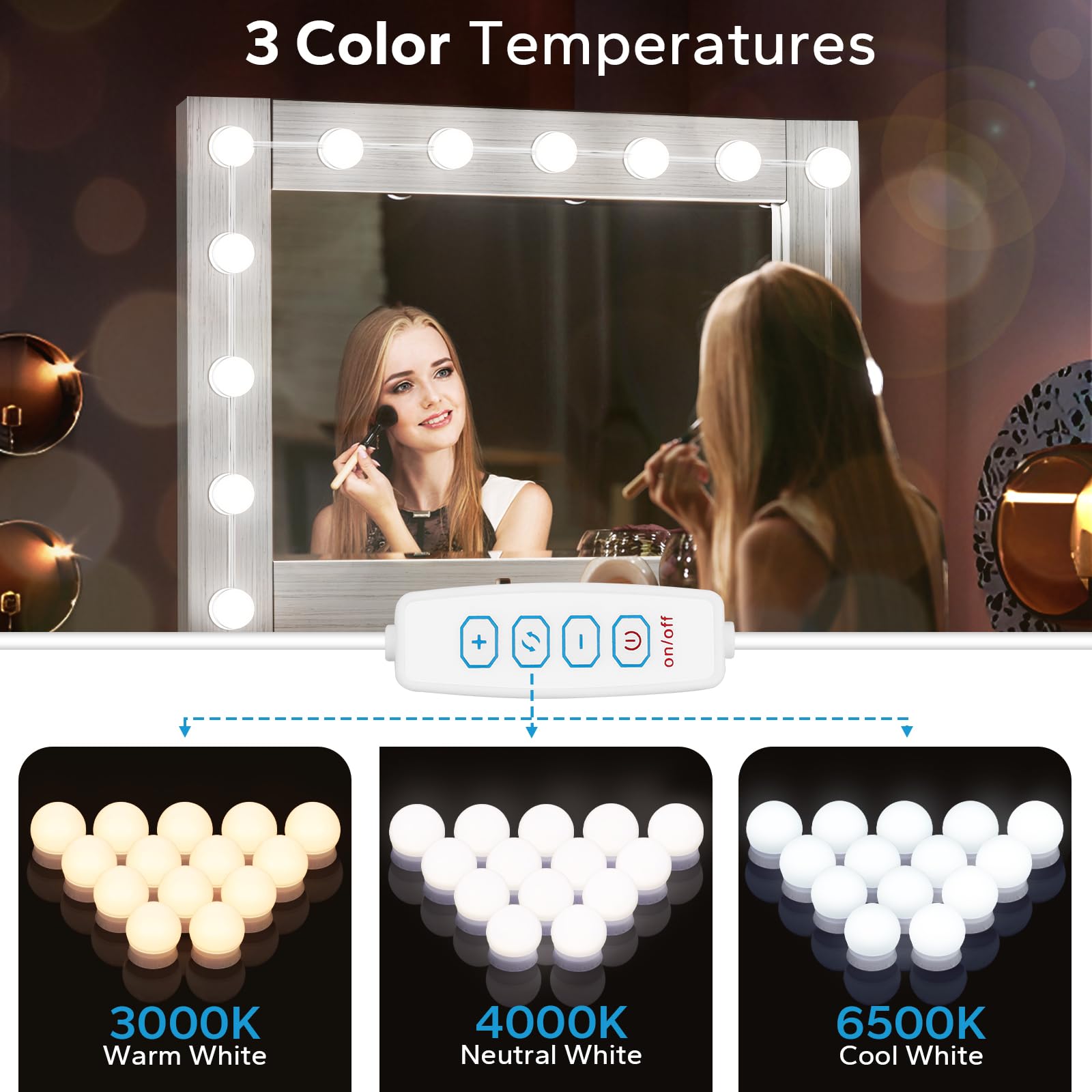 Led Vanity Lights For Mirror With 14 Dimmable Bulbs, Vanity Lights Stick On, 3000K 4000K 6500K & 10 Level Brightness Adjustable,