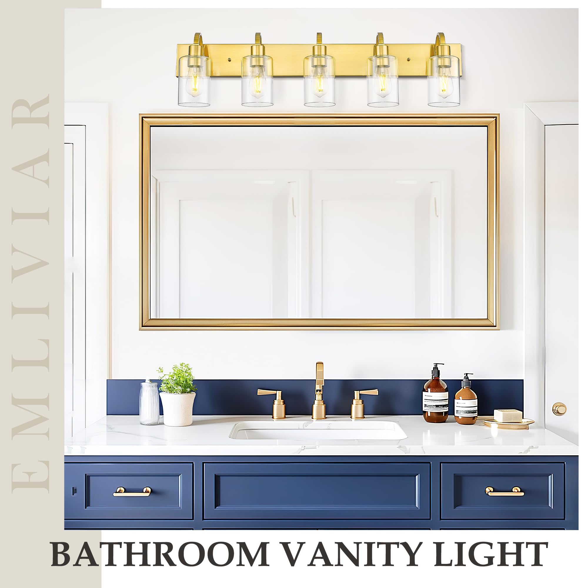 Emliviar 5-Light Vintage Vanity Lighting For Bathroom  37-Inch Wall Mount Light Fixture With Clear Glass Shade  Brushed Gold Finish  Yce237B-5W Bg