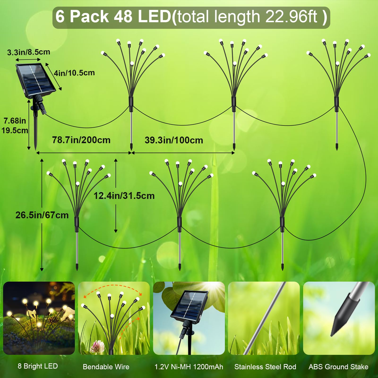 Firefly Lights Solar Outdoor, 6 Pack 48 Led Solar Firefly Lights Outdoor Waterproof Upgraded Solar & Usb Charging, 8 Light Modes Swaying Solar Garden Lights Sway By Wind For Pathway Patio Outside