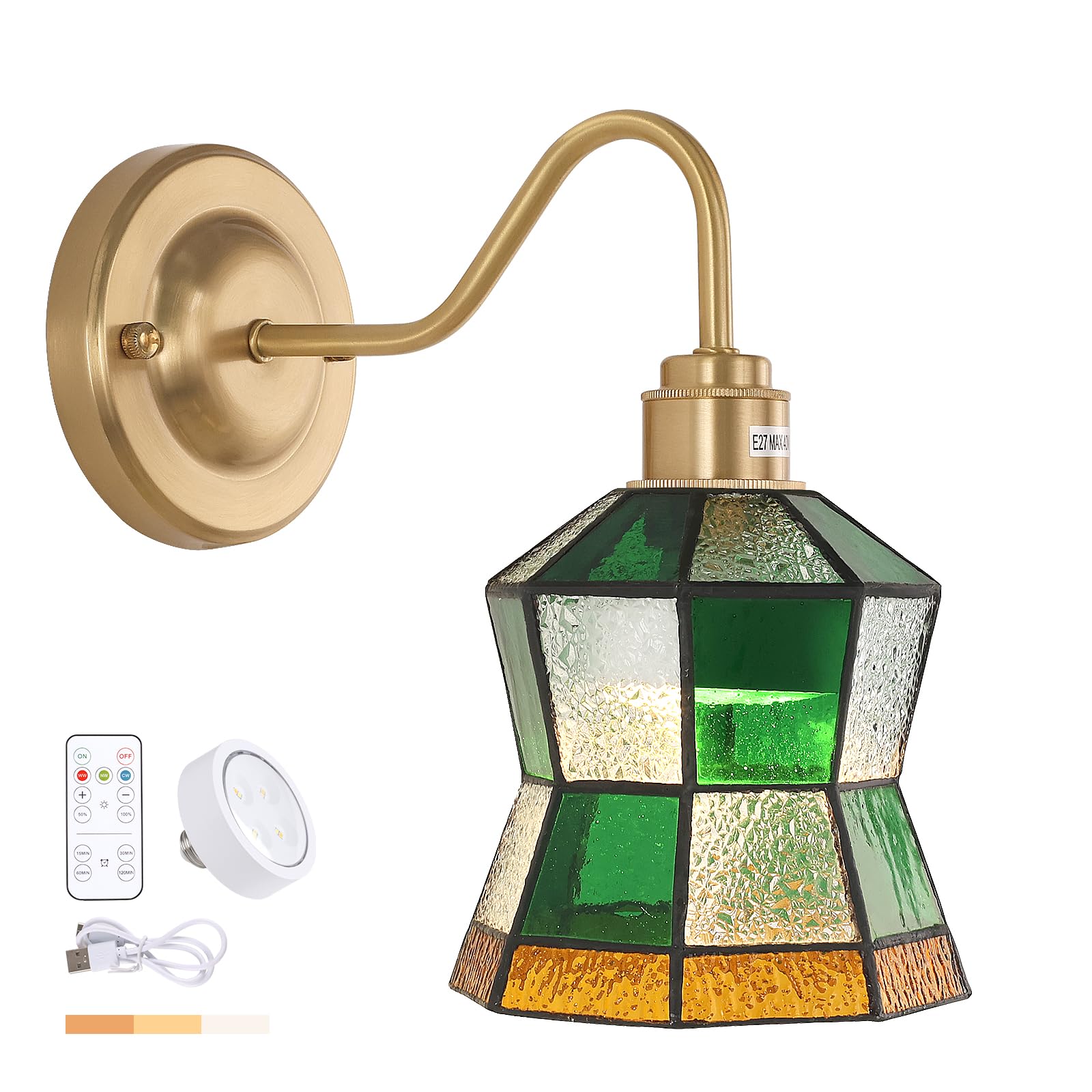 Shenmoyl Vintage Wall Sconce, Rechargeable LED, 3 Colors Dimmable, 1 Light Battery Operated, Glass, Polygonal Checker, Model 1-93334-wlamp