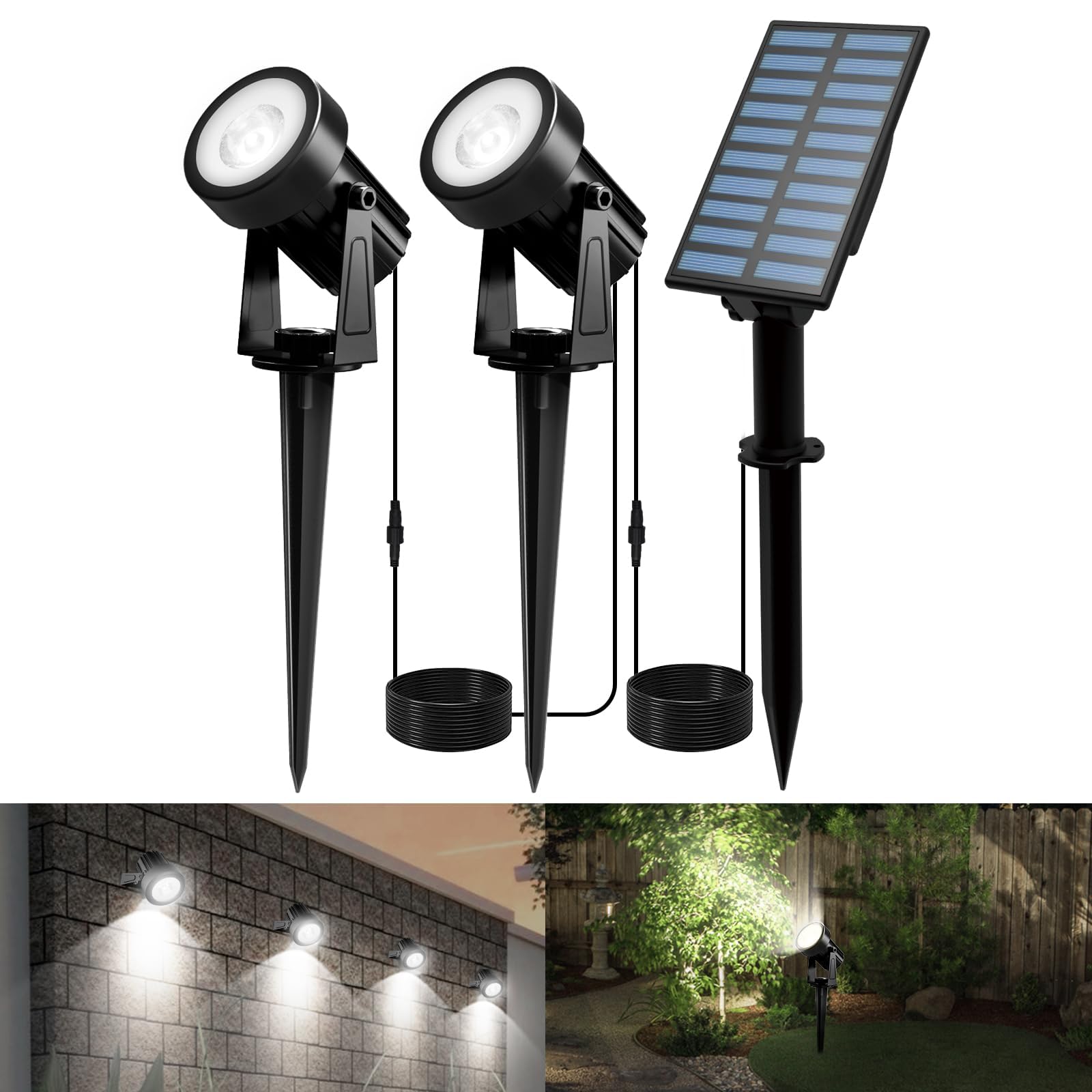 T-SUNUS Solar Spot Lights Outdoor IP65 Waterproof White 6000K 2-in-1 Landscape Spotlights, 9.8ft Cable Separate Panel Auto Dusk 
