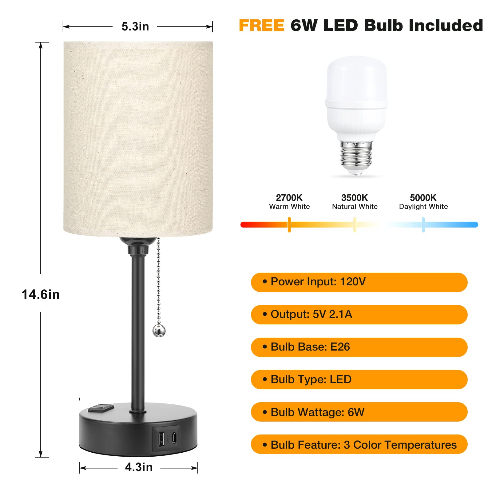 Dicoool Beige Table Lamps - 3 Levels Brightness, USB C & A Ports, AC Outlet, Fabric, Model 15-3 for Bedroom & Kids Reading