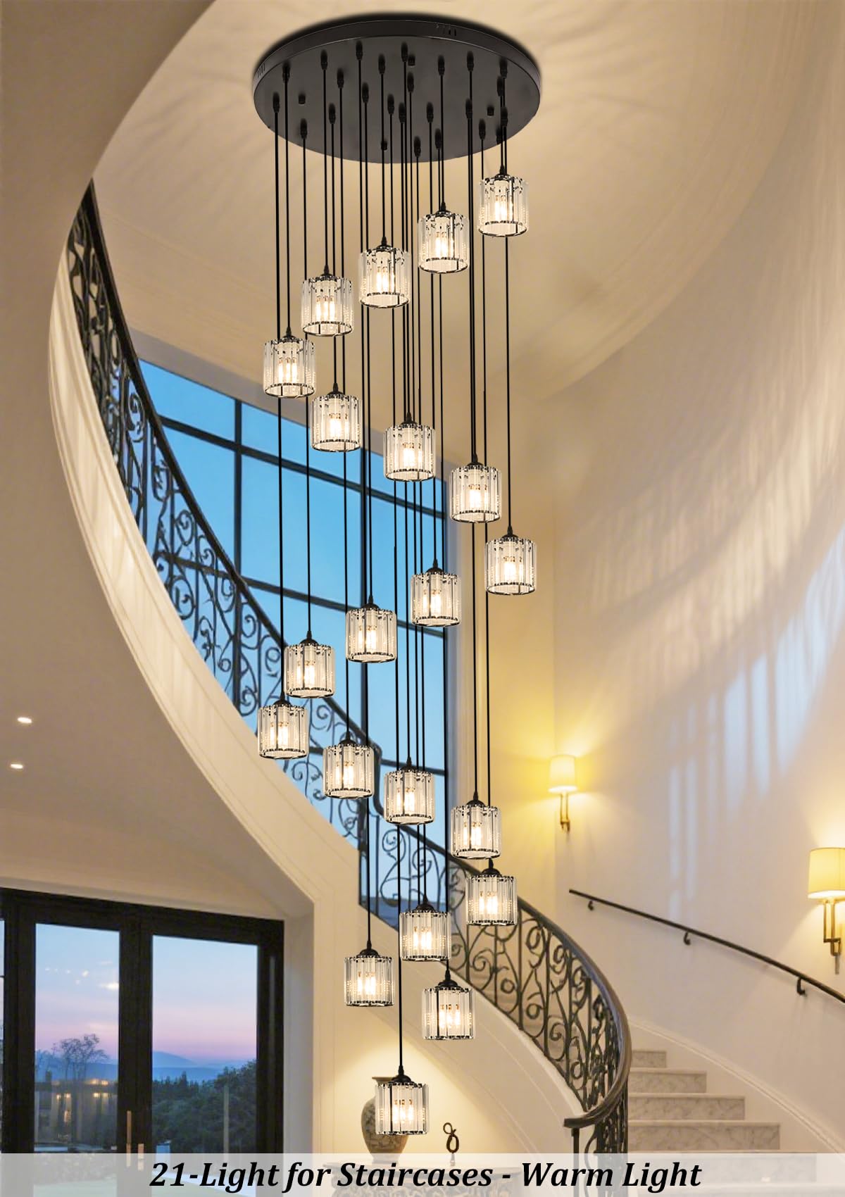 Meimond Modern Crystal Pendant Light - 21 Lights Raindrop Chandelier for High Ceilings, Black Metal, Model LTD-10
