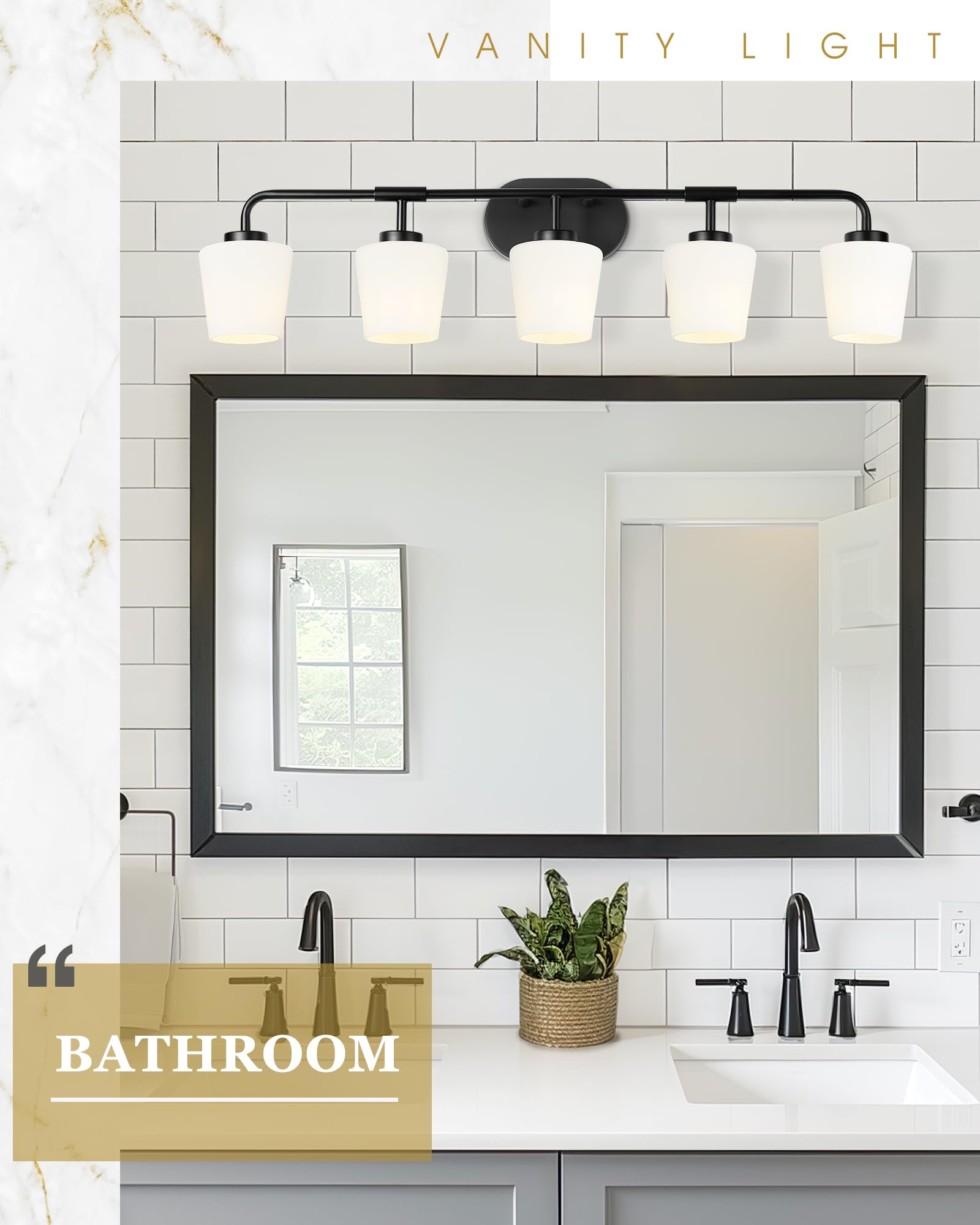 Audickic Bathroom Light Fixtures Over Mirror, 5-Light Matte Black Vanity Lighting Fixtures With Milk White Glass, 38Inch Farmhou