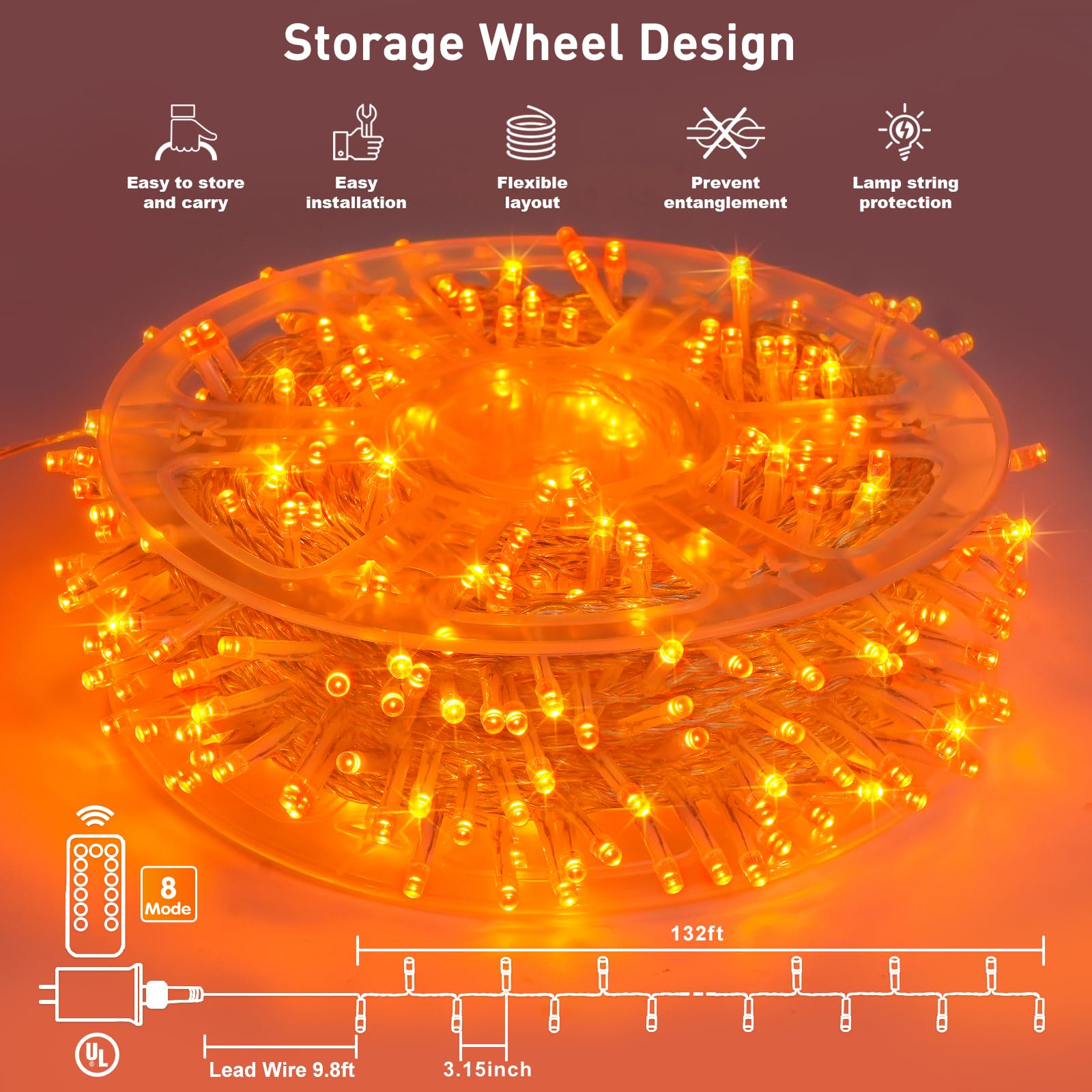 JMEXSUSS 132ft 400 LED Orange String Lights, 8 Modes, Plug-in, Outdoor/Indoor Halloween & Thanksgiving Decoration