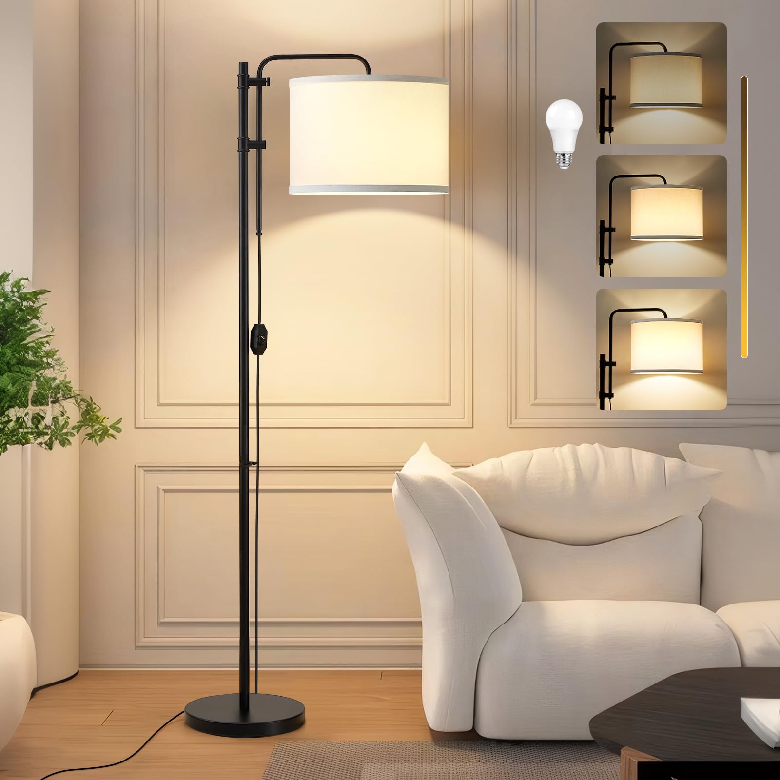 GyroVu Floor Lamp for Living Room, Adjustable Height Standing Lamps with 350 Rotate White Lampshade, 67.5-Inch Modern Tall Lamp 