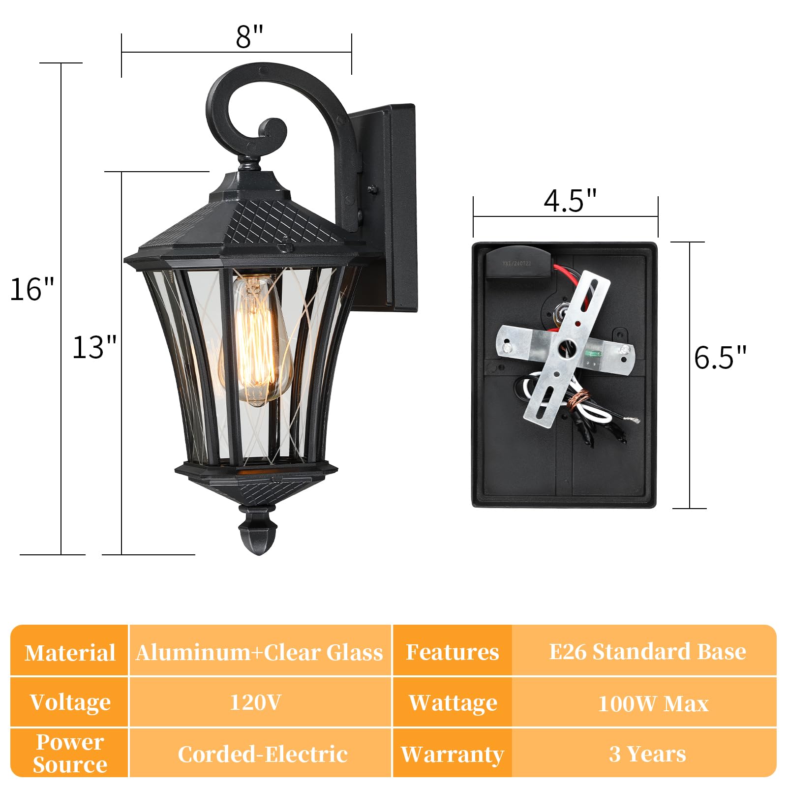 YSN Outdoor Wall Lights 16'' Black Metal Sconce Fixture, Waterproof, E26 Socket, 2 Pack, Model YSN-WL501-FT