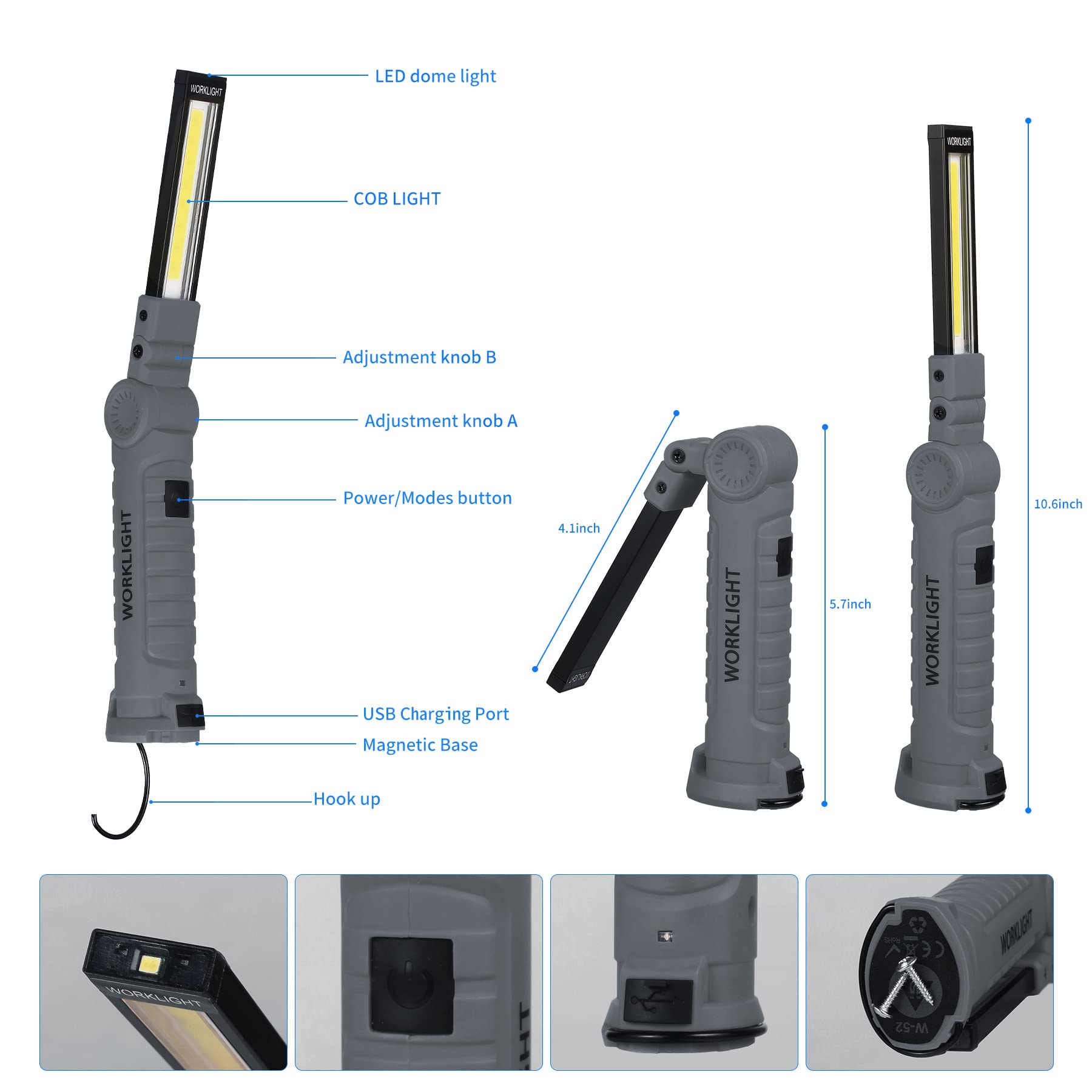 Vagocom LED Rechargeable Flashlight, Mechanic Tools Trouble Light Cordless Worklight with Magnetic Base 360Rotate 5 Modes,Portab