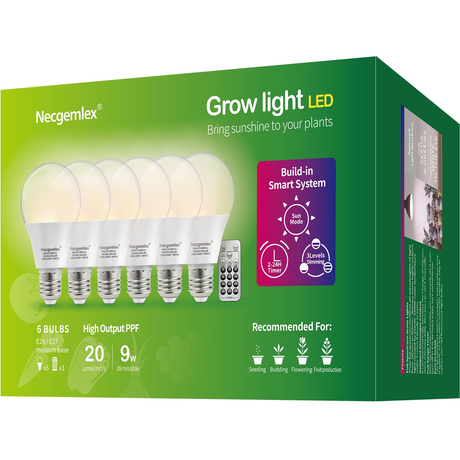 Necgemlex Smart Led Grow Light Bulbs With Remote Controller, Sun Simulation Mode, Built-In Auto Timer, A21/A70 E26/E27 9W Dimmable Full Spectrum Intelligent Plant Grow Bulbs For Indoor Plants, 6 Pack