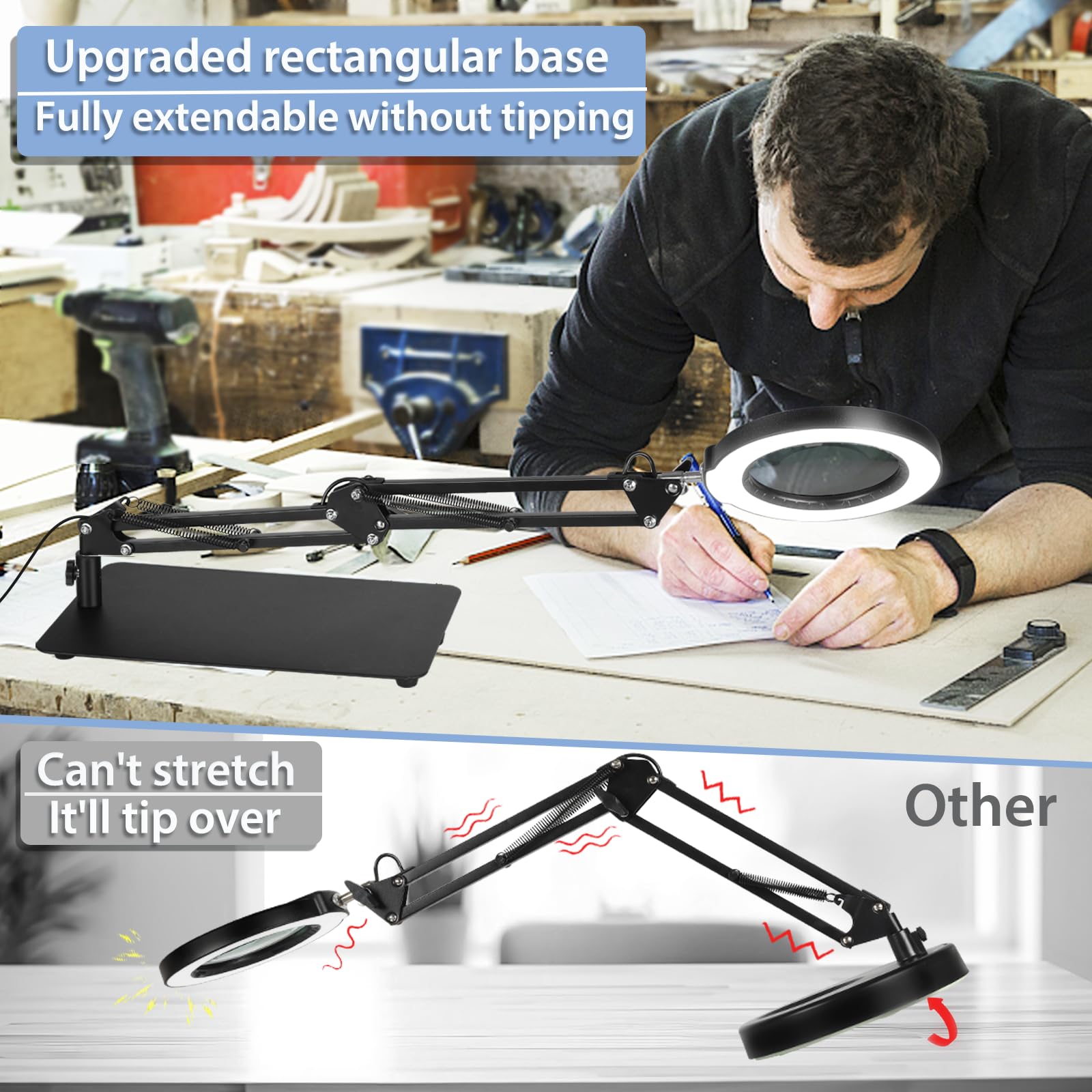 Drdefi 10X Magnifying Glass With Light And Stand, 2-In-1 Magnifying Desk Lamp Rectangular Base & Clamp, 5 Color Modes Stepless D