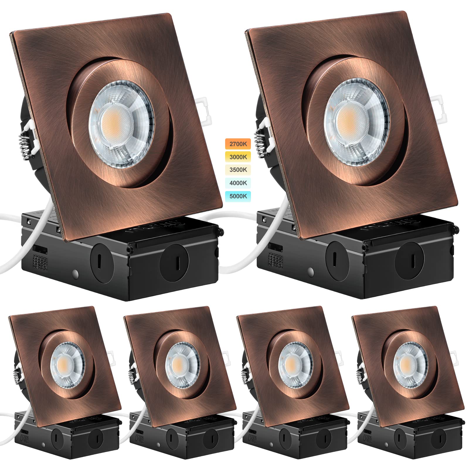 KnLnny Ware Oil Rubbed Bronze Recessed Lighting 6 Pack, Led Gimbal Eyeball Recessed Ceiling Light with Junction Box,5CCT Color S