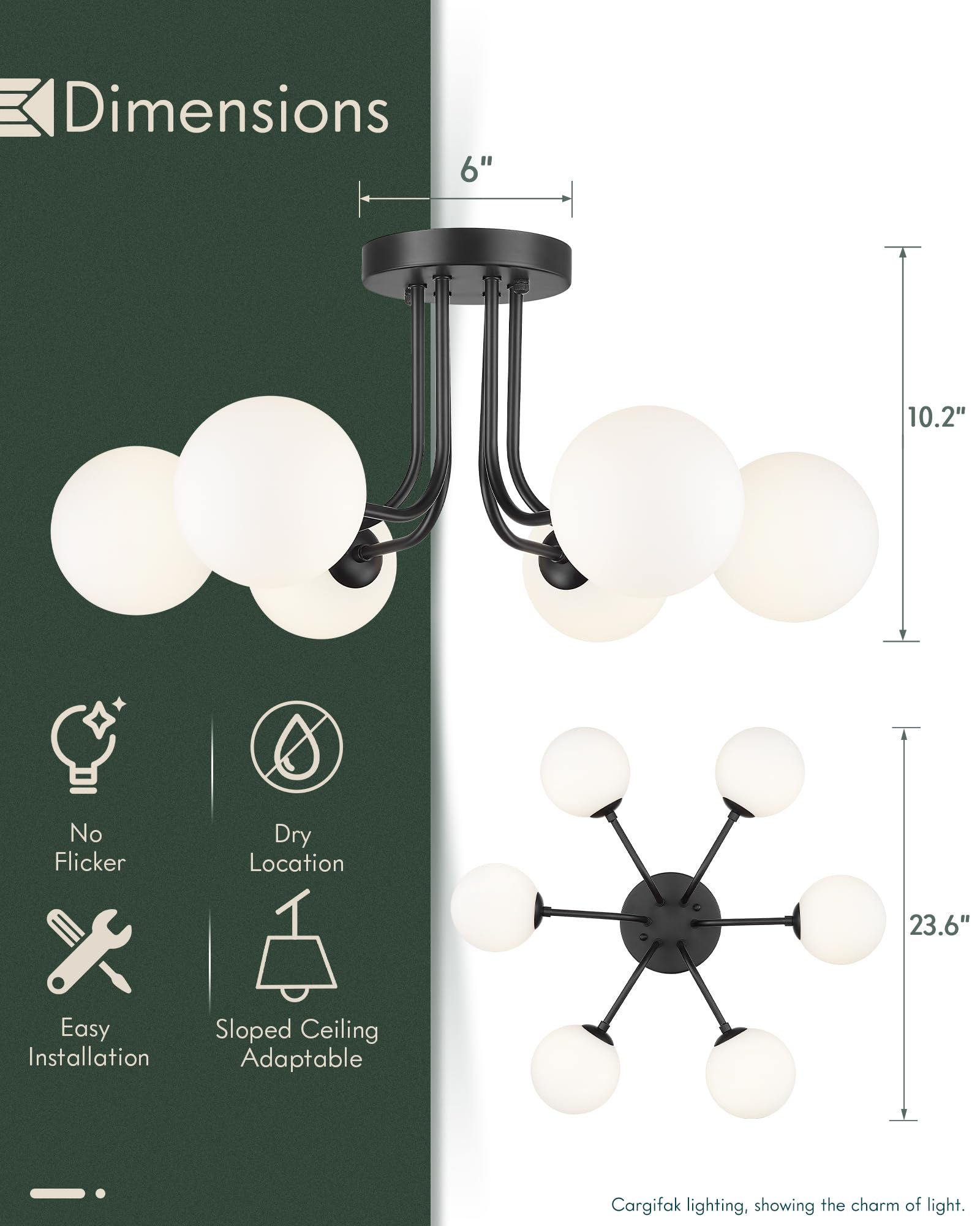 Cargifak Matte Black Semi Flush Mount Ceiling Light In Modern Farmhouse Design Features 6 Frosted Glass Shades, Ideal For The Li