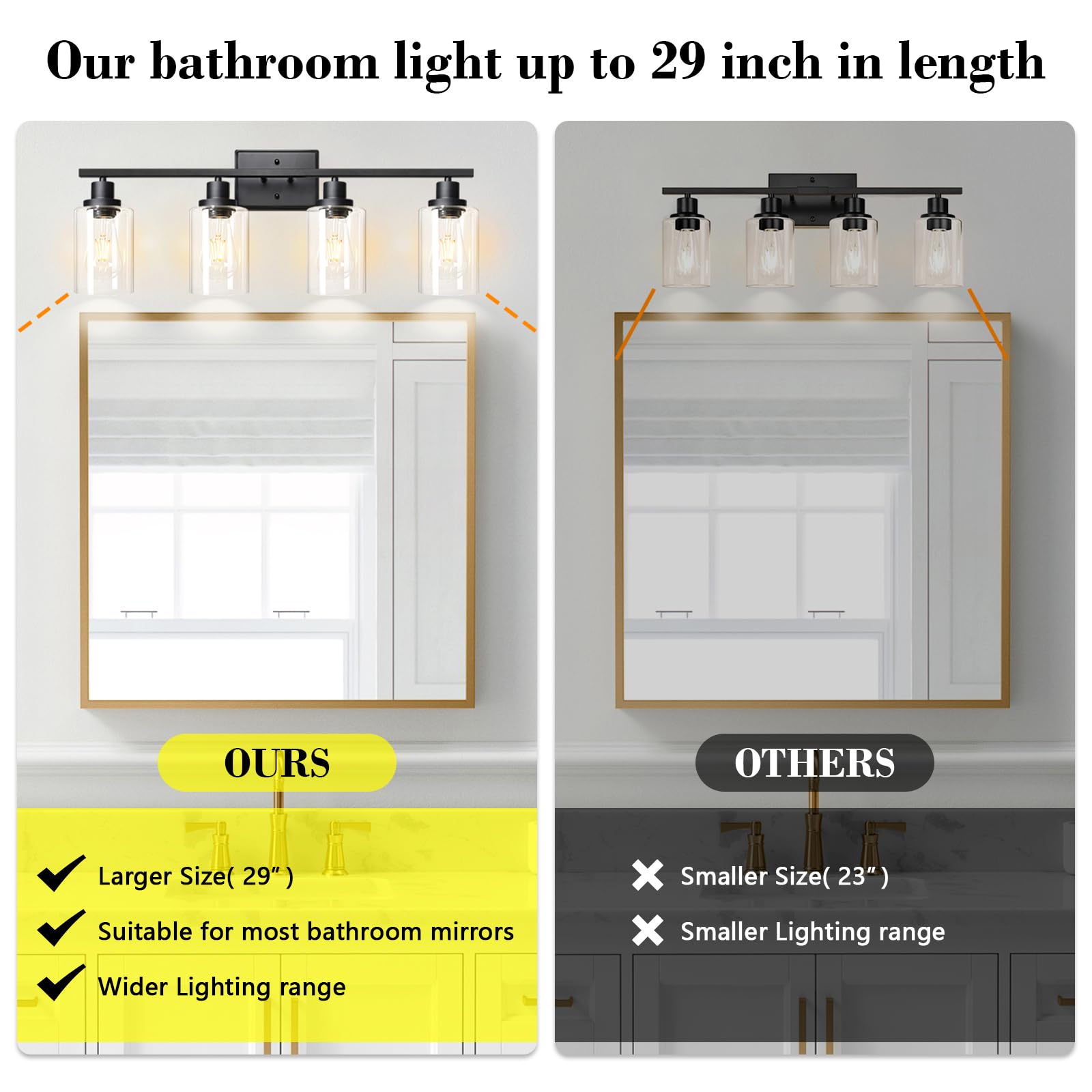 Ascher 4-Light 29.3'' Wall Sconces, Modern Vanity Light Fixture With Clear Glass Shade, Black Finish Wall Light For Mirror Bedro