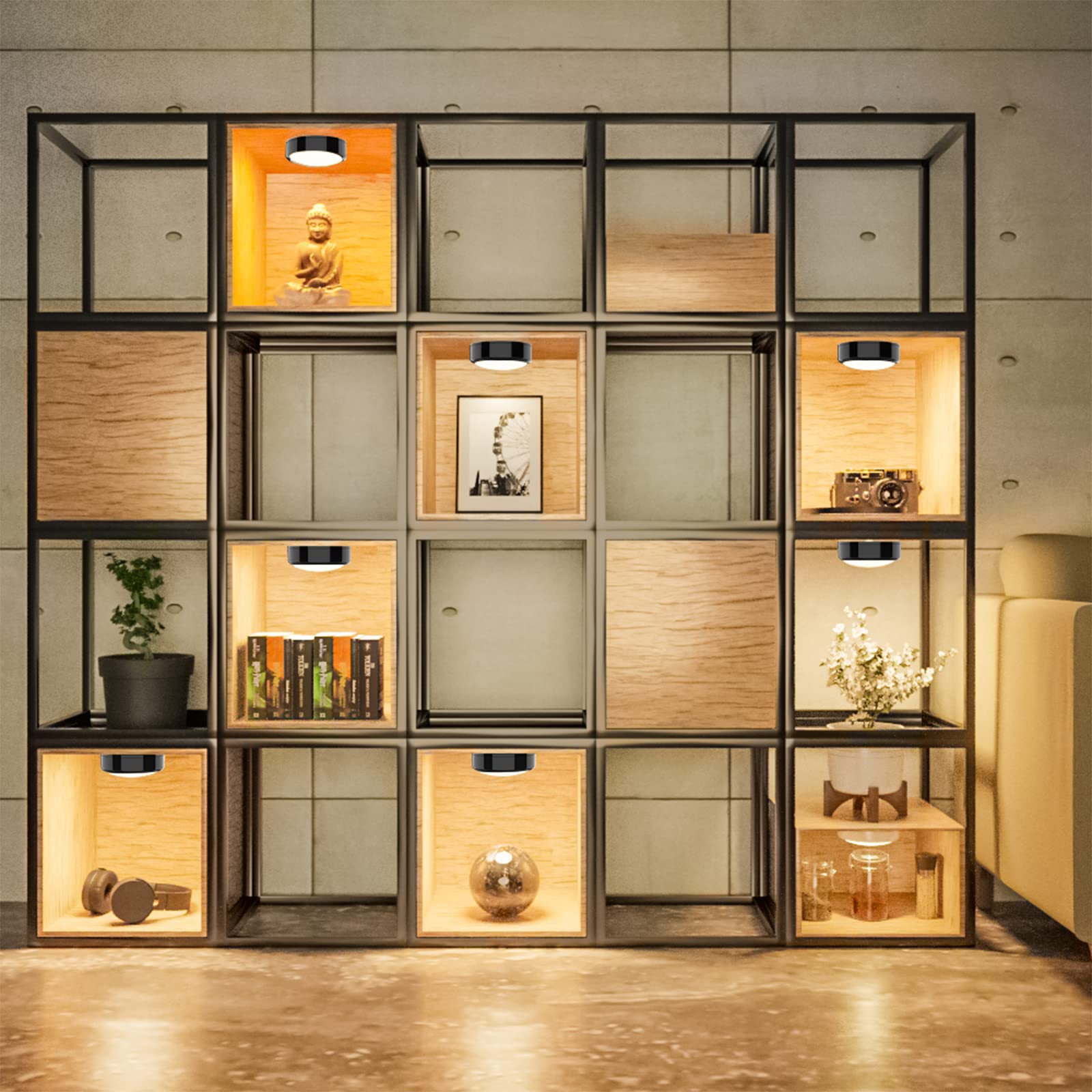 HELPLEX Puck Lights, 16 Colors LED, Battery Operated, Dimmable, Wireless Under Cabinet Lighting, Black, 6 Pack, ABS Material