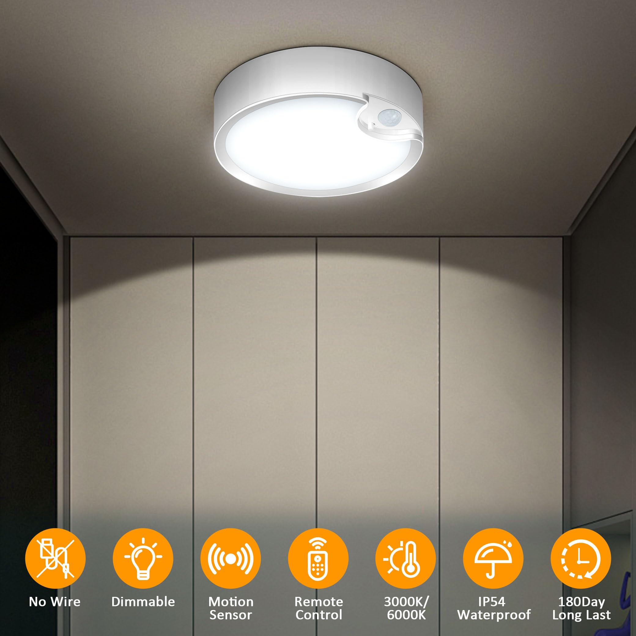 Yurnero Battery Operated Lights Ceiling Light With 400Lm Dimmable 3000K/6000K-Battery Powered Ceiling Light For Shower Closets C
