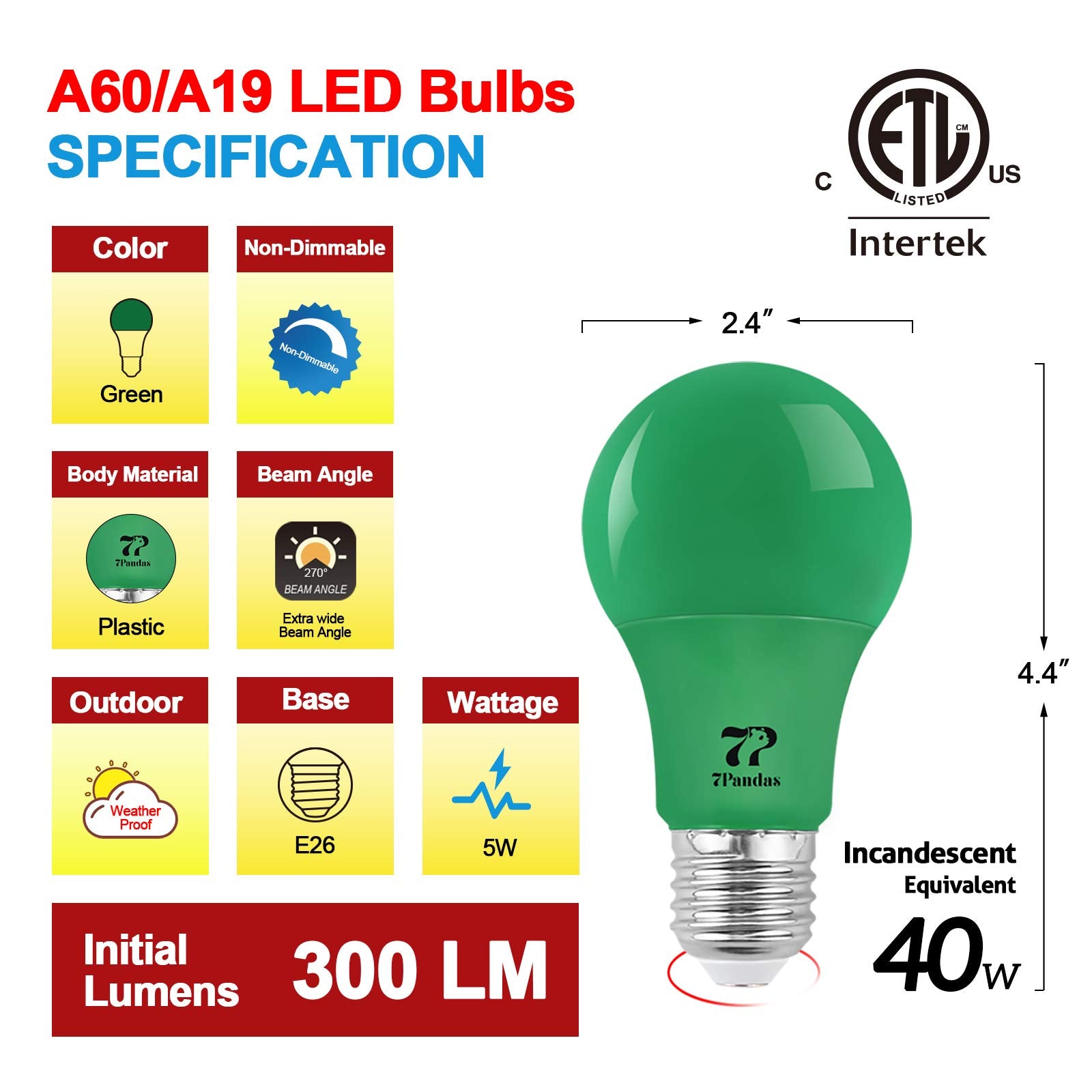 7Pandas Led Green Light Bulb, 40W Equivalent, 5W A19 Green Led Bulbs With E26 Base For Halloween Decoration, Home Lighting, Home