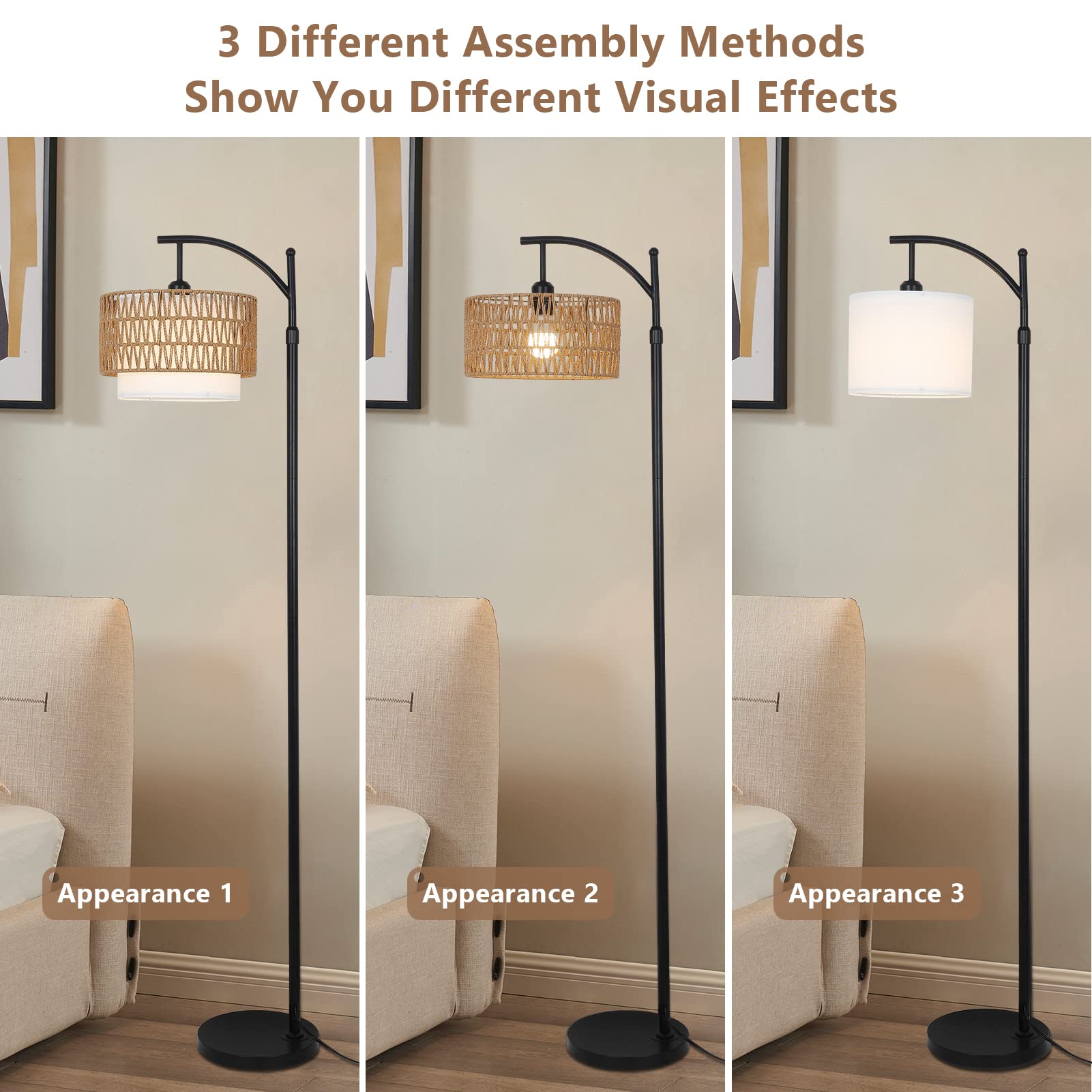 Arc Floor Lamp For Living Room With 3 Color Temperatures, Farmhouse Floor Lamps With Remote & Dimmable Bulb, Boho Standing Lamp