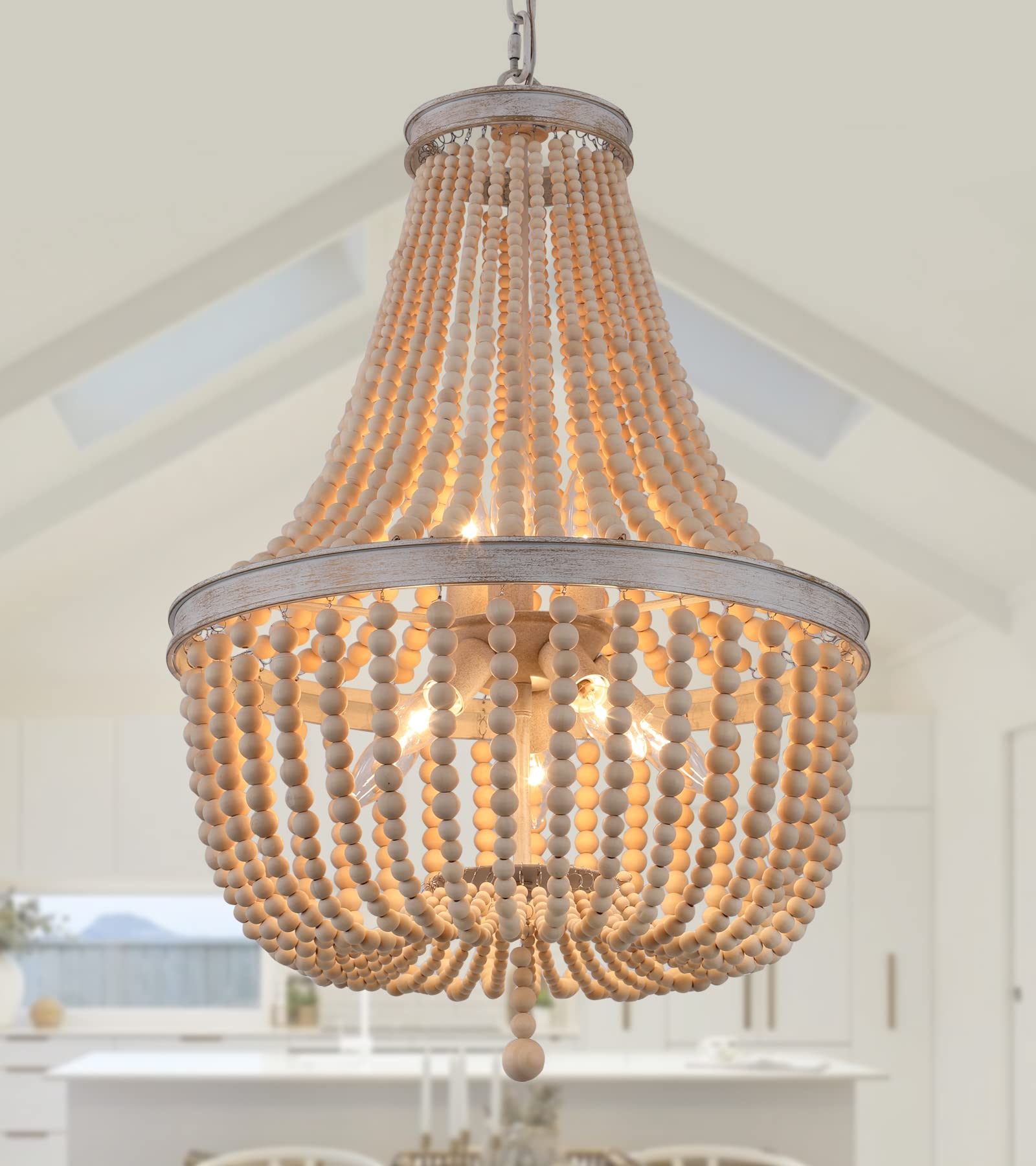 Q&S Farmhouse Wood Beaded Chandelier,Oak White 8-Lights Retro Vintage Antique Rustic Boho Pendant Light Fixture for Foyer Living