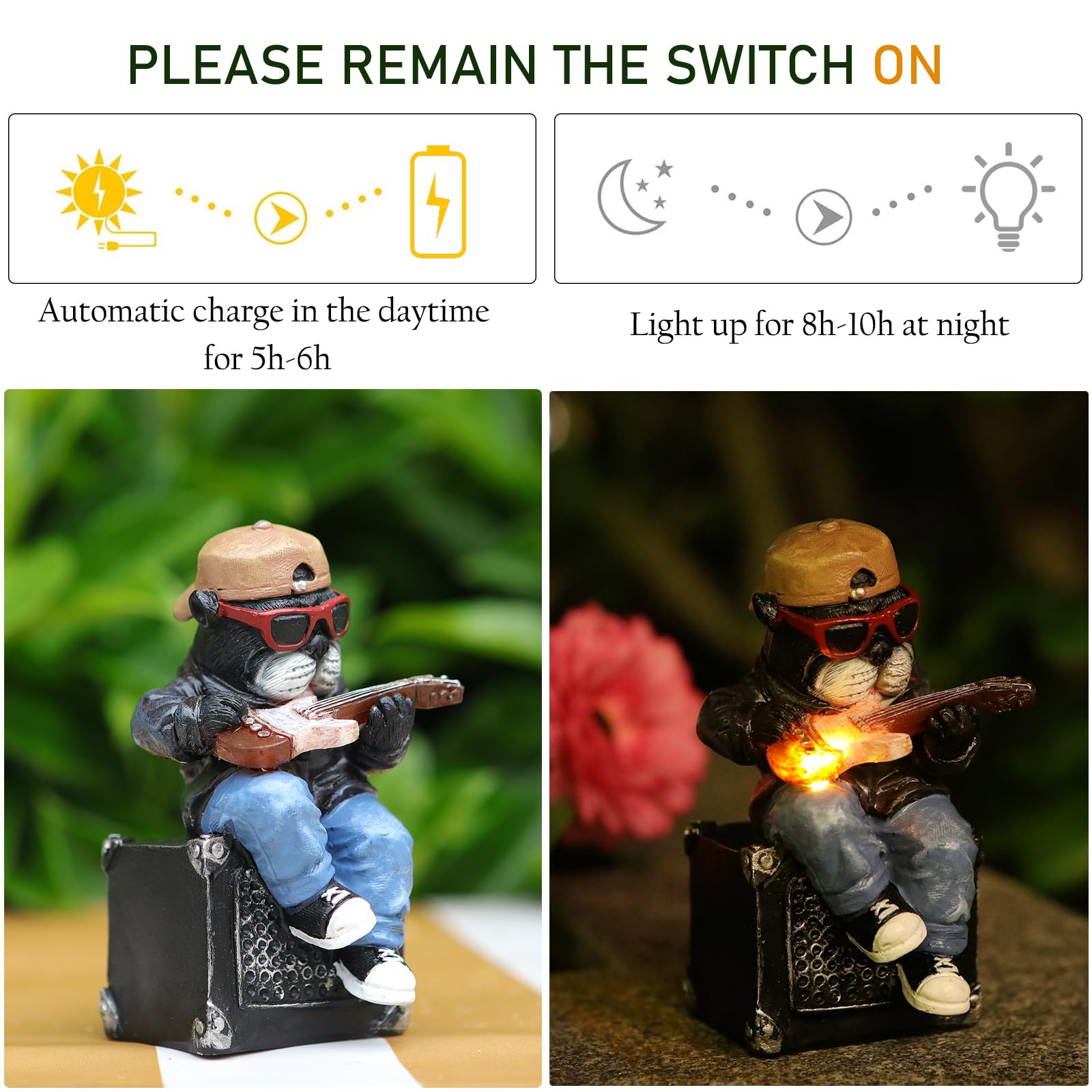 Foxmis Solar Dog Outdoor Statues Figurine For Garden Decorations, Whimsical Outside Decor With Guitar Clearance For Patio Balcon