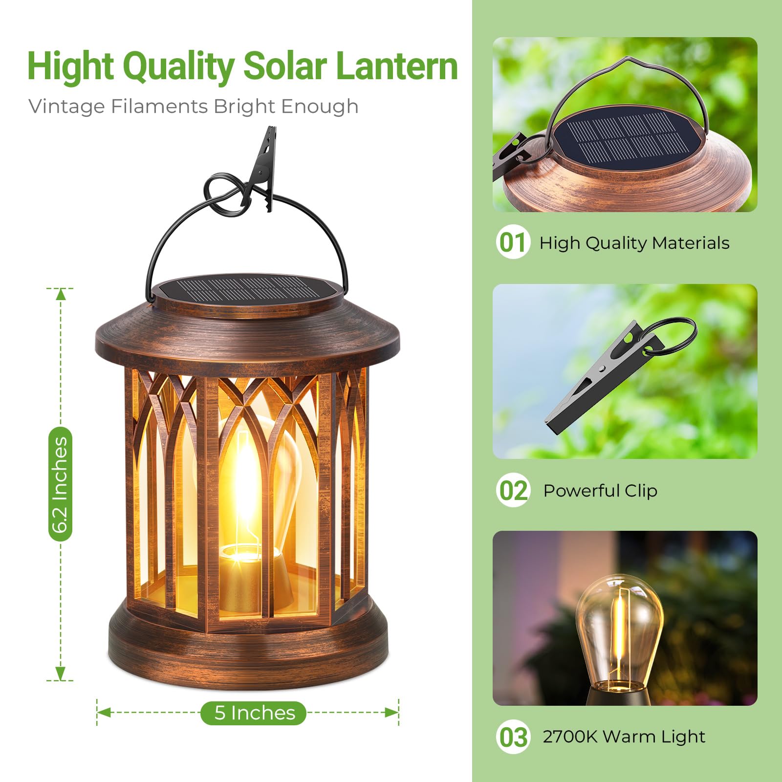 WdtPro Solar Lanterns 2 Pack, Waterproof Copper Hanging Lights, Model TLL009, Solar Powered for Outdoor Garden Patio Decor