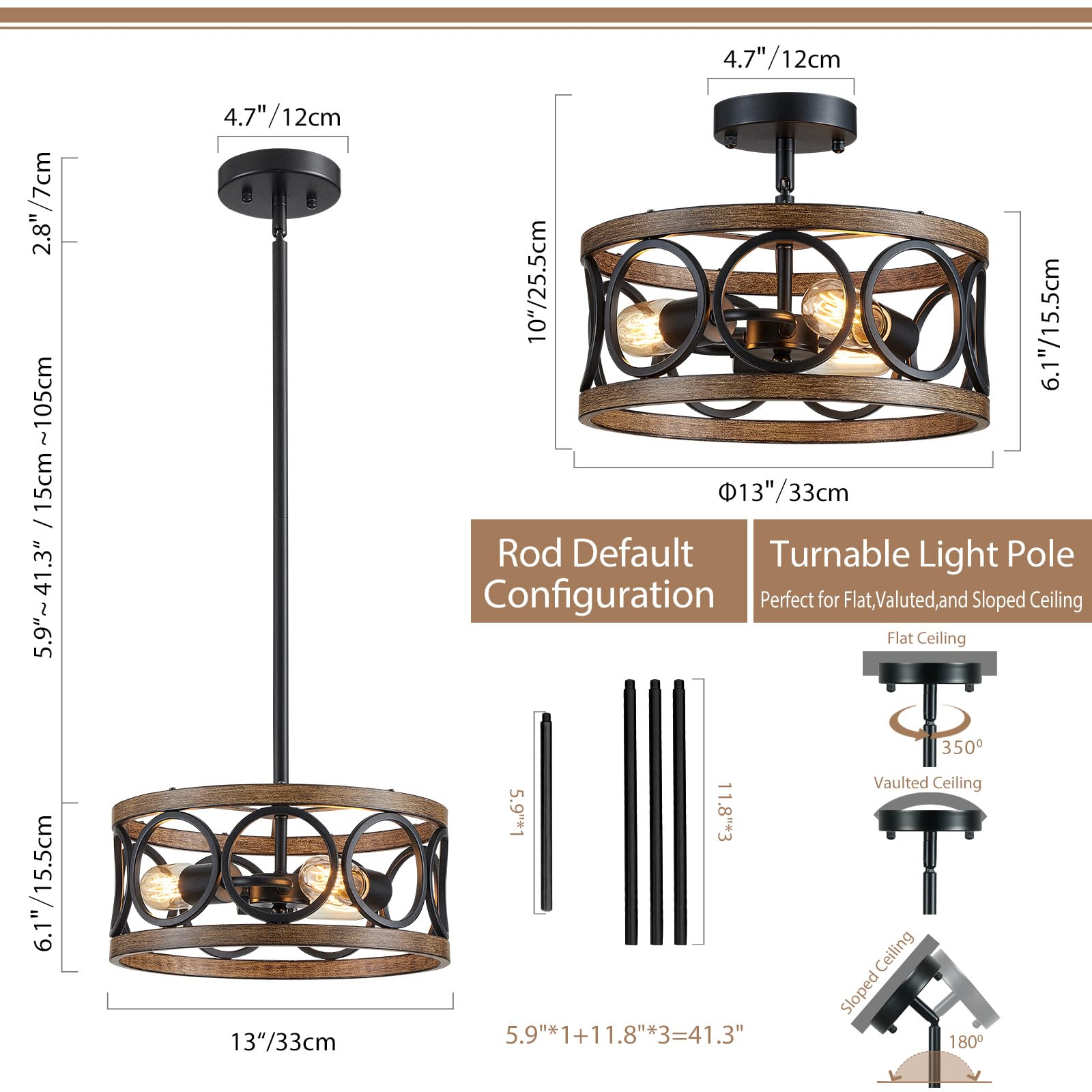 peskoe Farmhouse Pendant Light - 3-Light Nickel & Wood Grain Metal Hanging Lamp for Bedroom, Kitchen, Entryway - Black Pendant