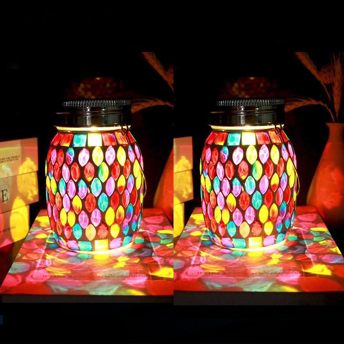 2pack Solar Mosaic Outdoor Waterproof Cool Blue Mosaic jar Decor Christmas Gifts for Women Mom Grandma Halloween Hanging Solar L