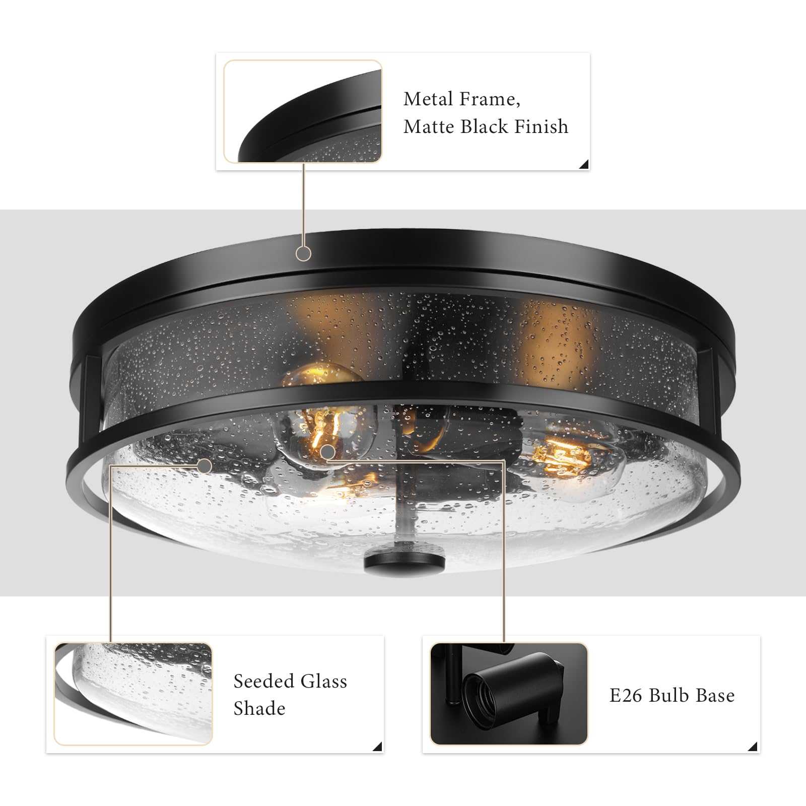 Rosient 16&quot; Black Flush Mount Ceiling Light Fixture, Seeded Glass, Modern Farmhouse Design