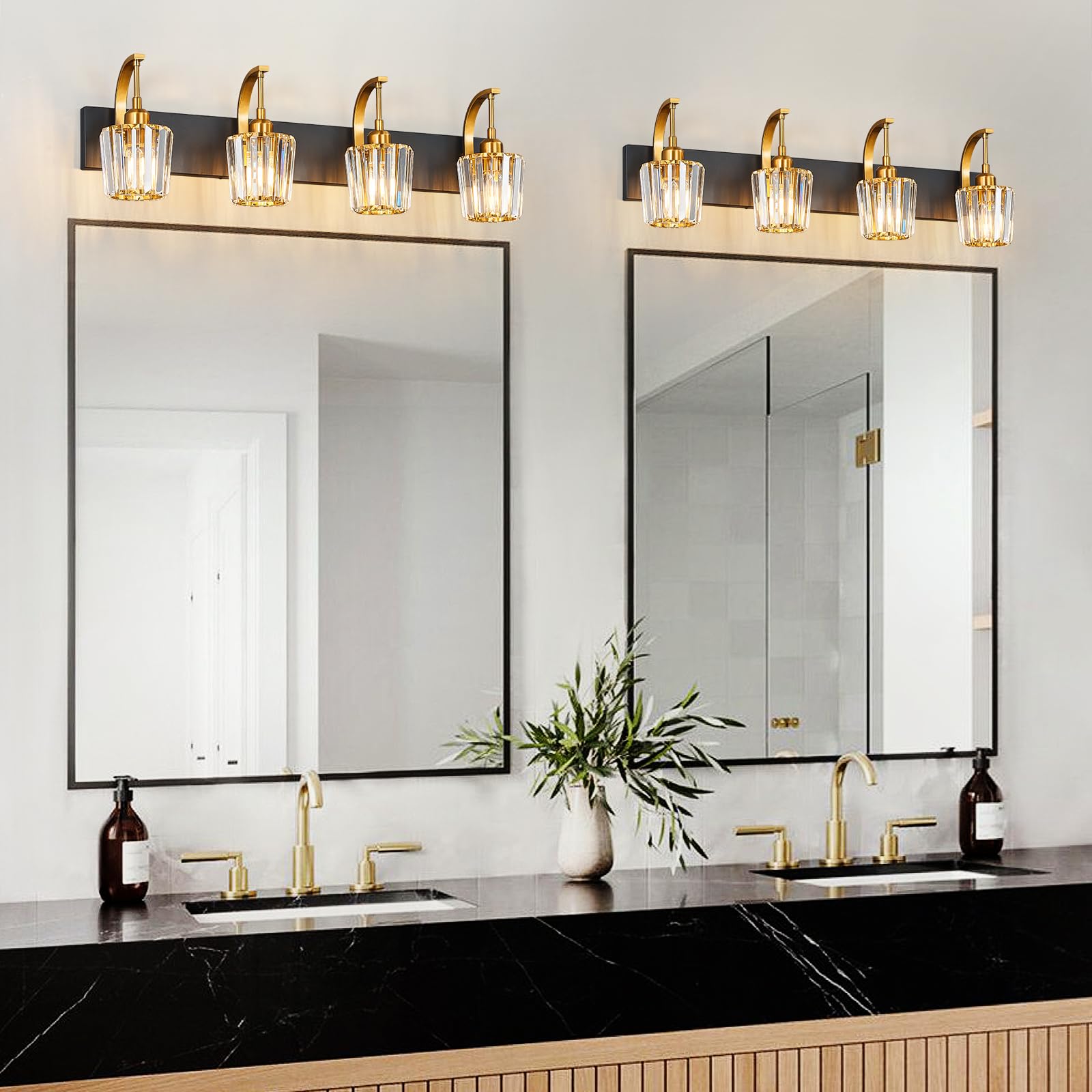 Fdpby Modern Bathroom Vanity Light  4-Light Black Gold Wall Sconce With Crystal Accents  Over Mirror Bathroom Lighting Fixture  32.67 Long Dimmable Vanity Lamp For Makeup  Easy Installation