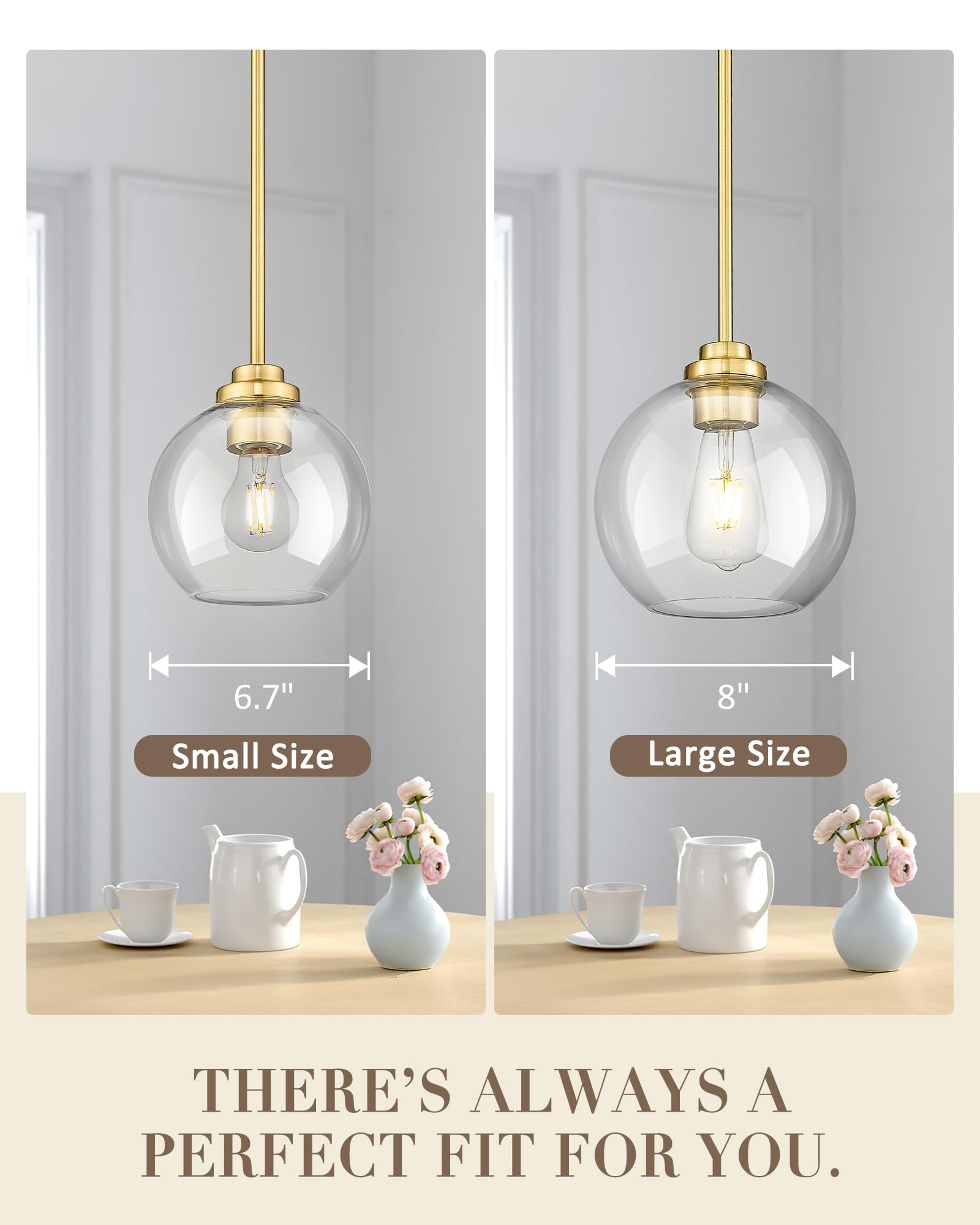 Jazava 8 Inch Modern Gold Pendant Light Fixtures, Mid Century Globe Pendant Lights With Clear Glass, 1 Light Hanging Lights For