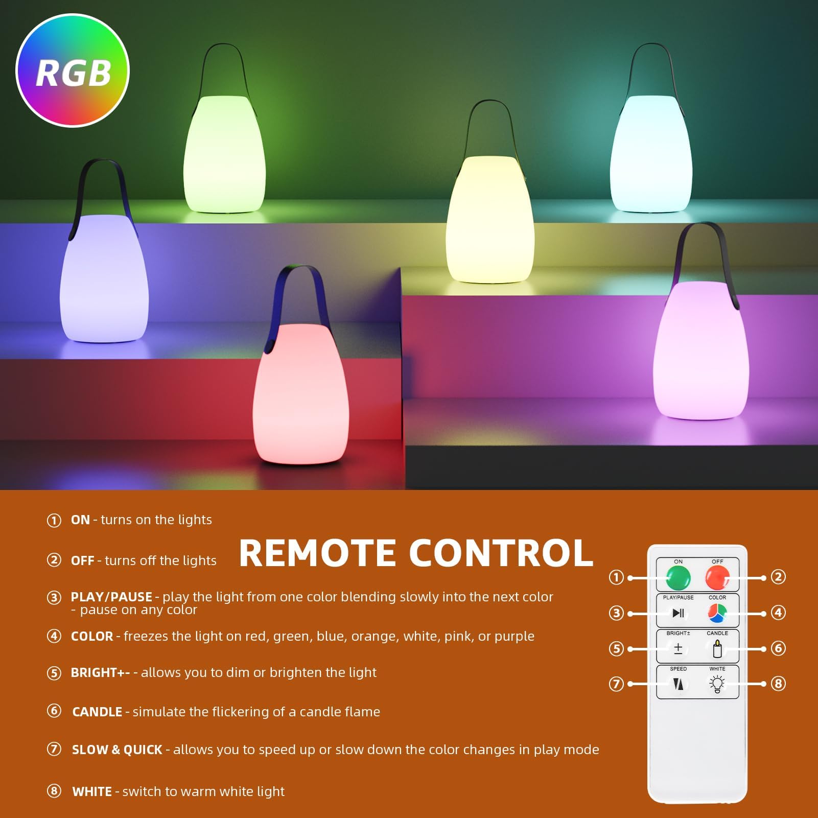 Uuffoo 2 Pack Portable Outdoor Table Lamp - Dimmable Rechargeable Night Lights W/ Remote And 7 Rgb Colors, Ip44 Water-Resistant