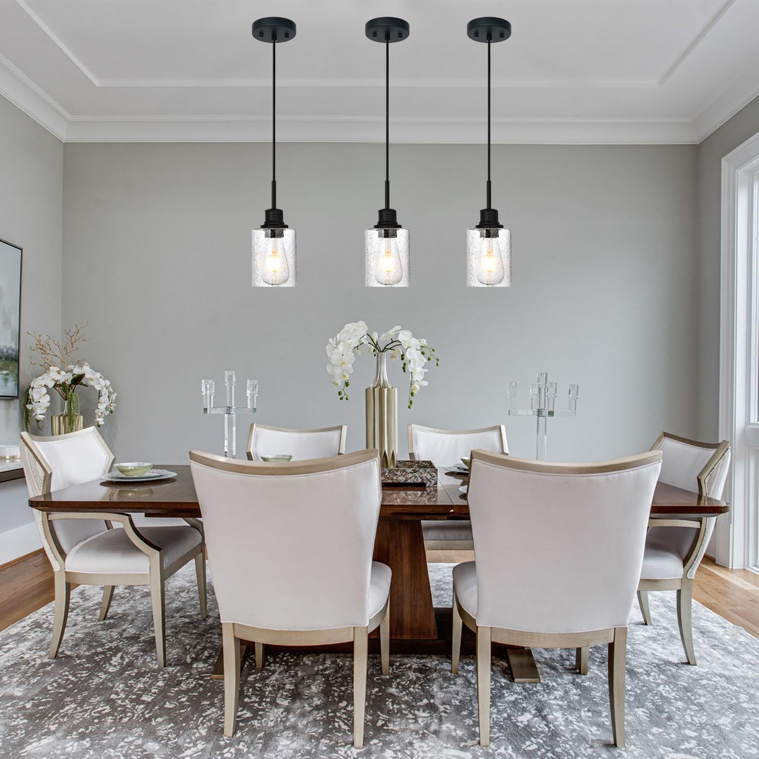 Pendrion Modern Farmhouse Mini Chandeliers 3 Pack Black Pendant Lights Kitchen Island With Seeded Glass, Dining Room Lighting Fi
