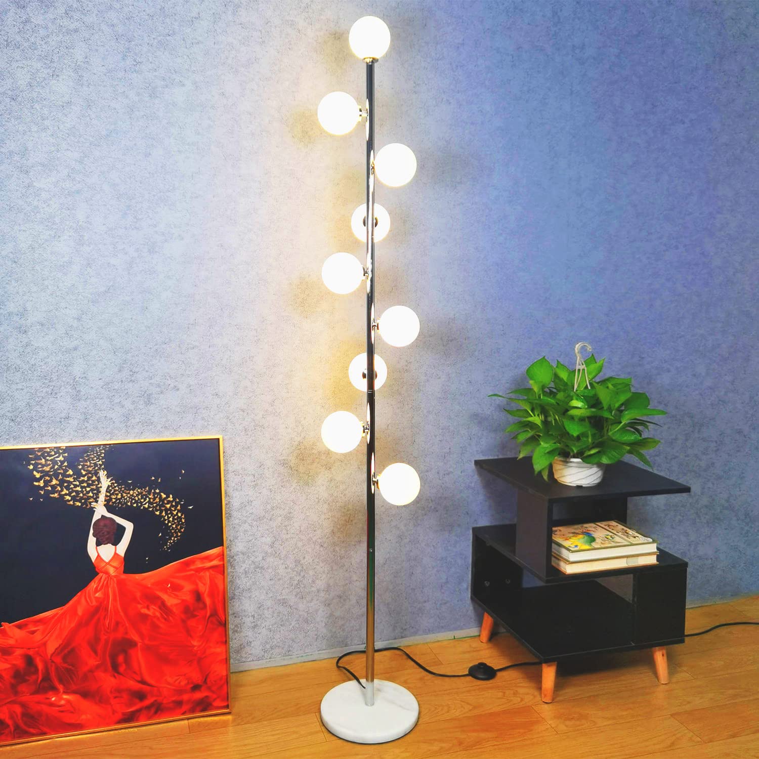 Hsyile Modern Floor Lamp - Chrome Finish, Globe Design, 9 LED Bulbs Included, Ideal for Living Room, Bedroom, Office