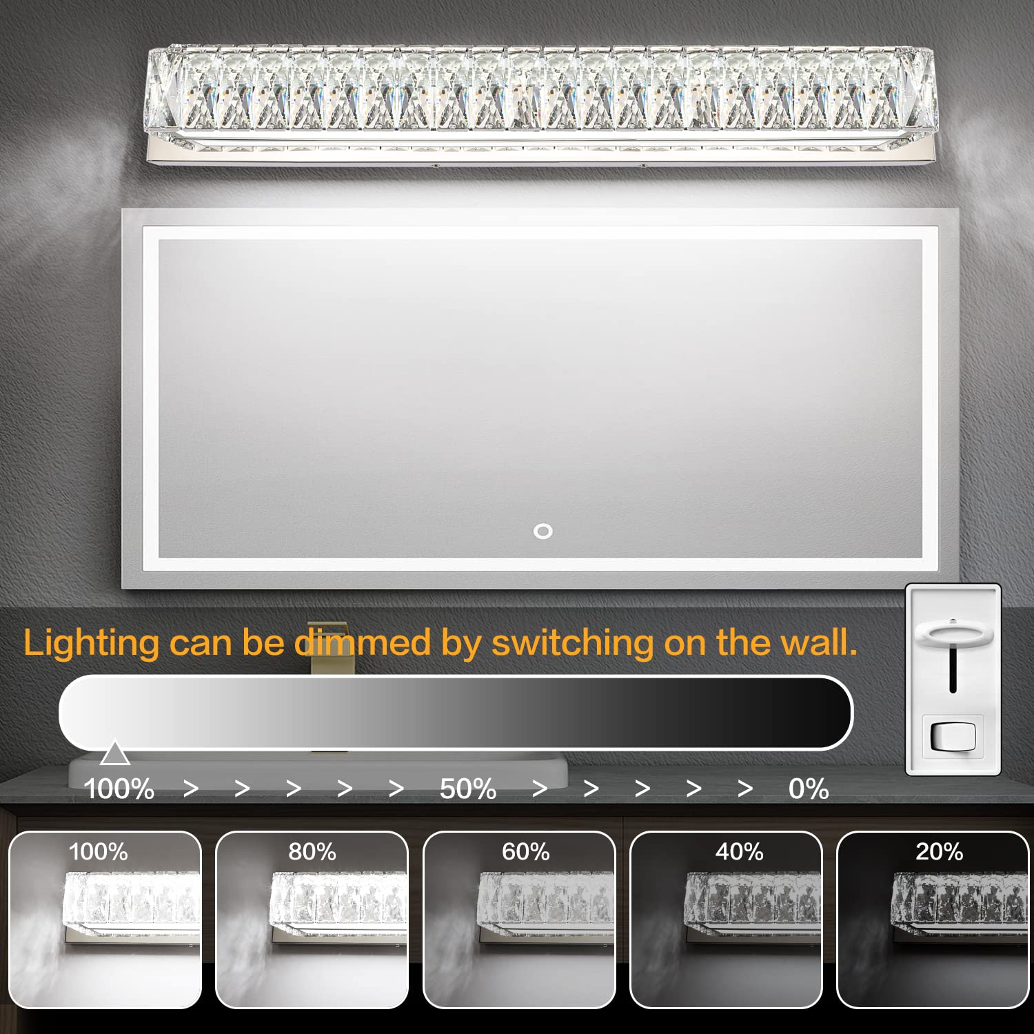 ZUZITO 30" LED Bathroom Vanity Lighting Fixture, Dimmable Polished Chrome & K9 Crystals, Modern Over Mirror Bath Bar Light