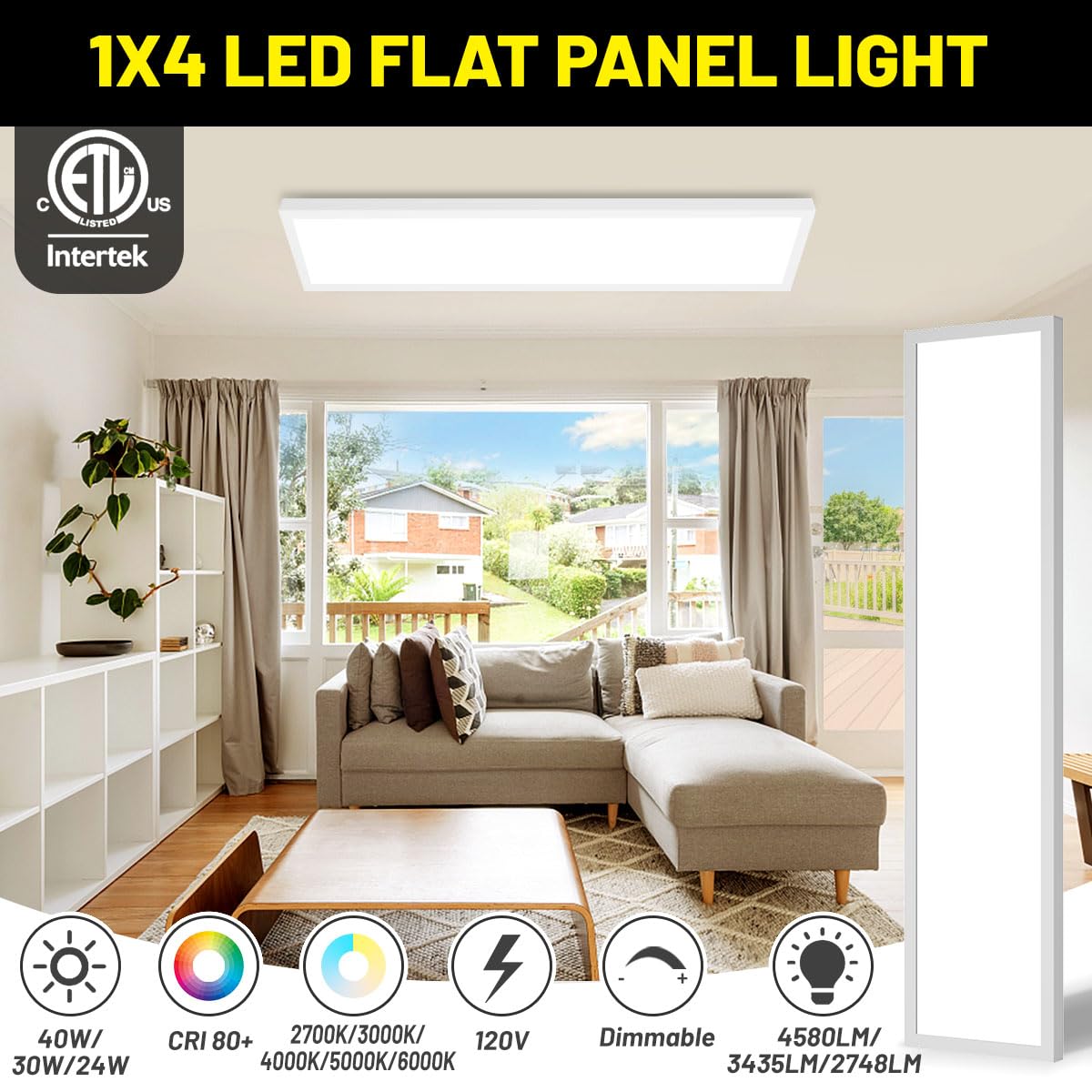 Becktour 1X4 Led Flat Panel Light Surface Mount 2-Pack, 40W/4580Lm, 5Cct 2700K/3000K/4000K/5000K/6000K Selectable, Flush Mount C