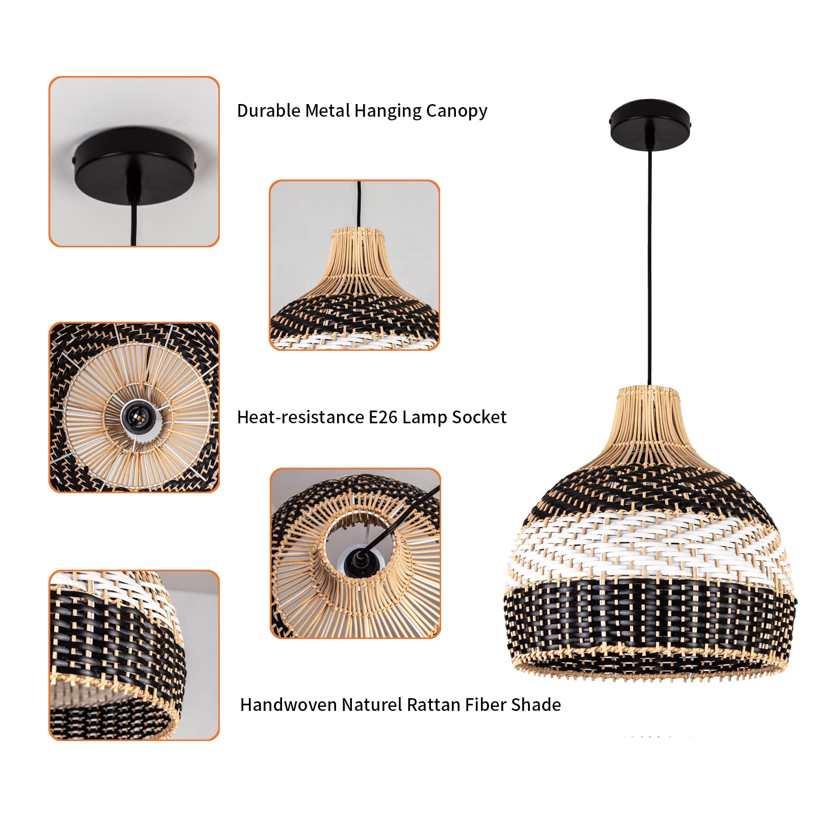 Teru Ji Kaikang 3-Lightrattan Pendant Light,15" Hand-Woven Black White Faux Rattan Hanging Light Boho Basket Wicker Chandelier,For Living Room Bedroom Kitchen Dining Hallway