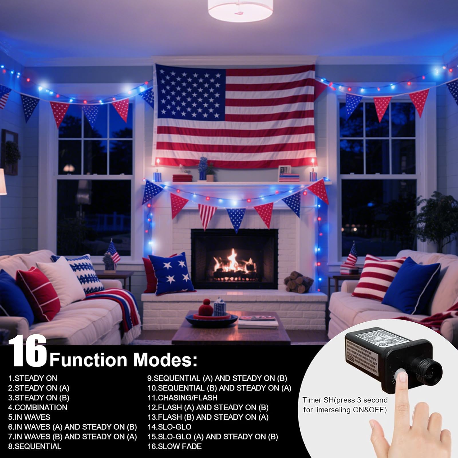 LAMPHOME 33ft String Lights, 100 LED Copper Mini Lights, Red White Blue, 11 Modes, Model YHLL-100F