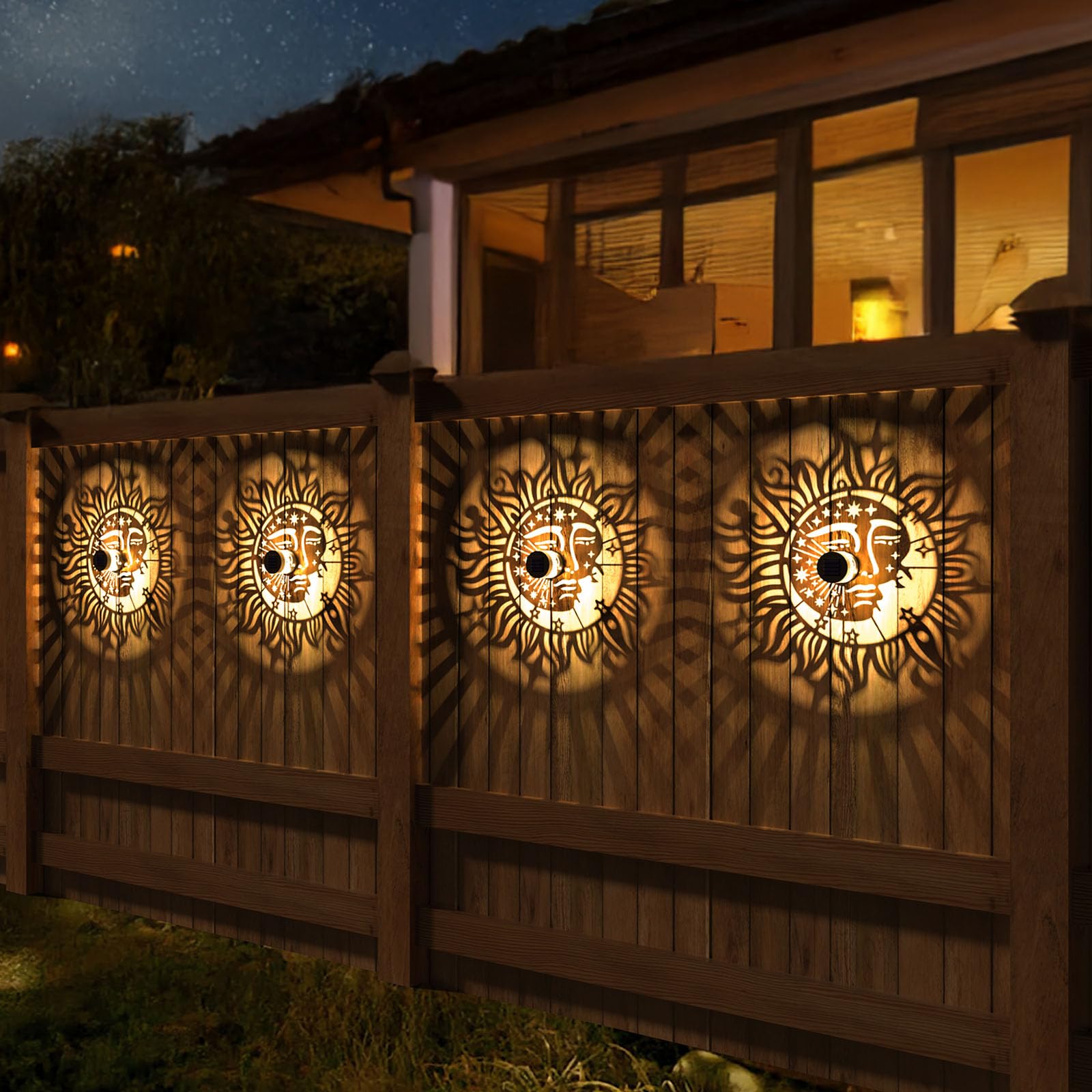 Gardencave Solar Fence Lights - 4 Pack, Sun Moon Theme, Waterproof Outdoor Wall Decor, Model Fence1