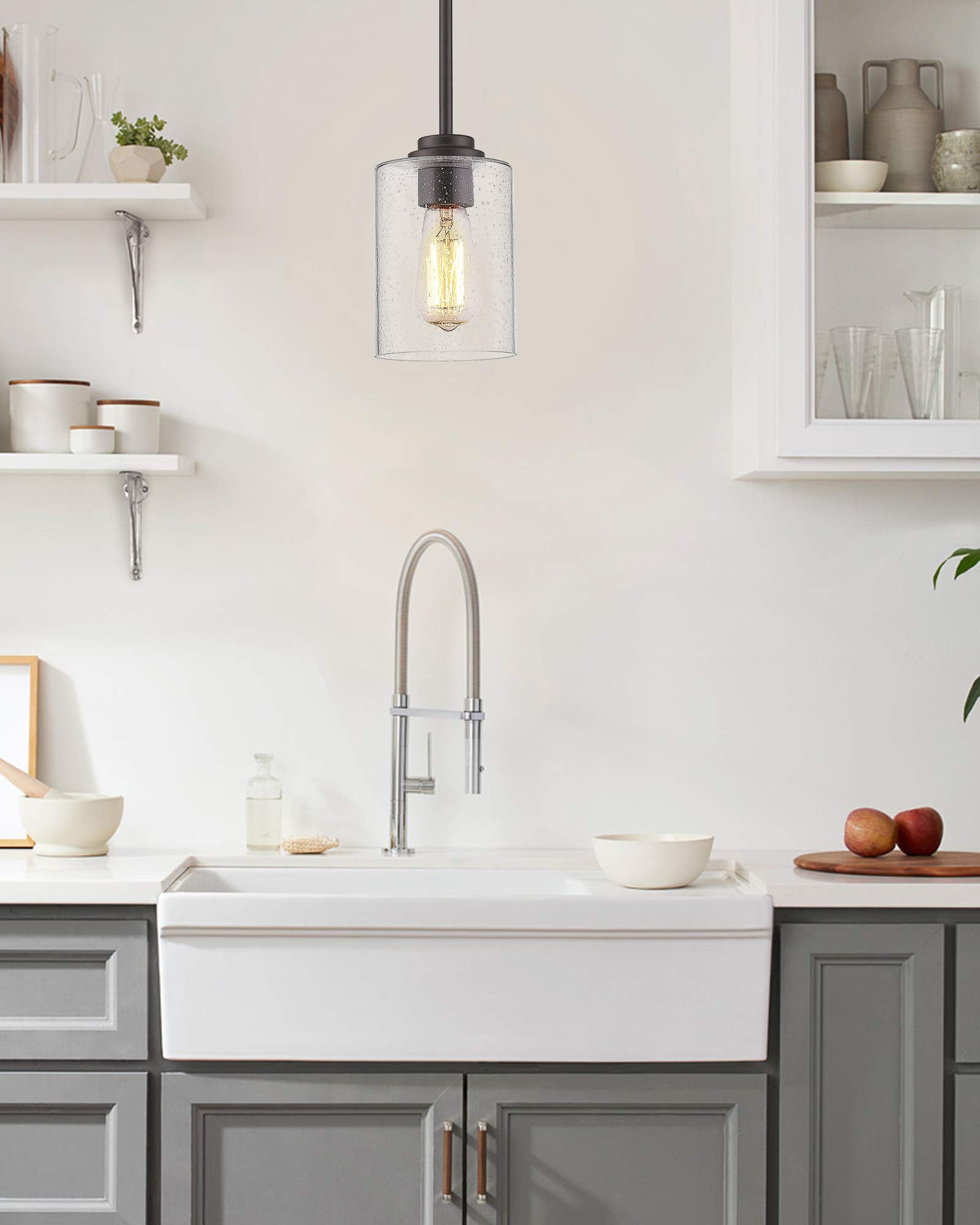 Beionxii Glass Pendant Light | Farmhouse Mini Pendant Lighting for Kitchen Island Dining Room Over The Sink, Oil Rubbed Bronze w
