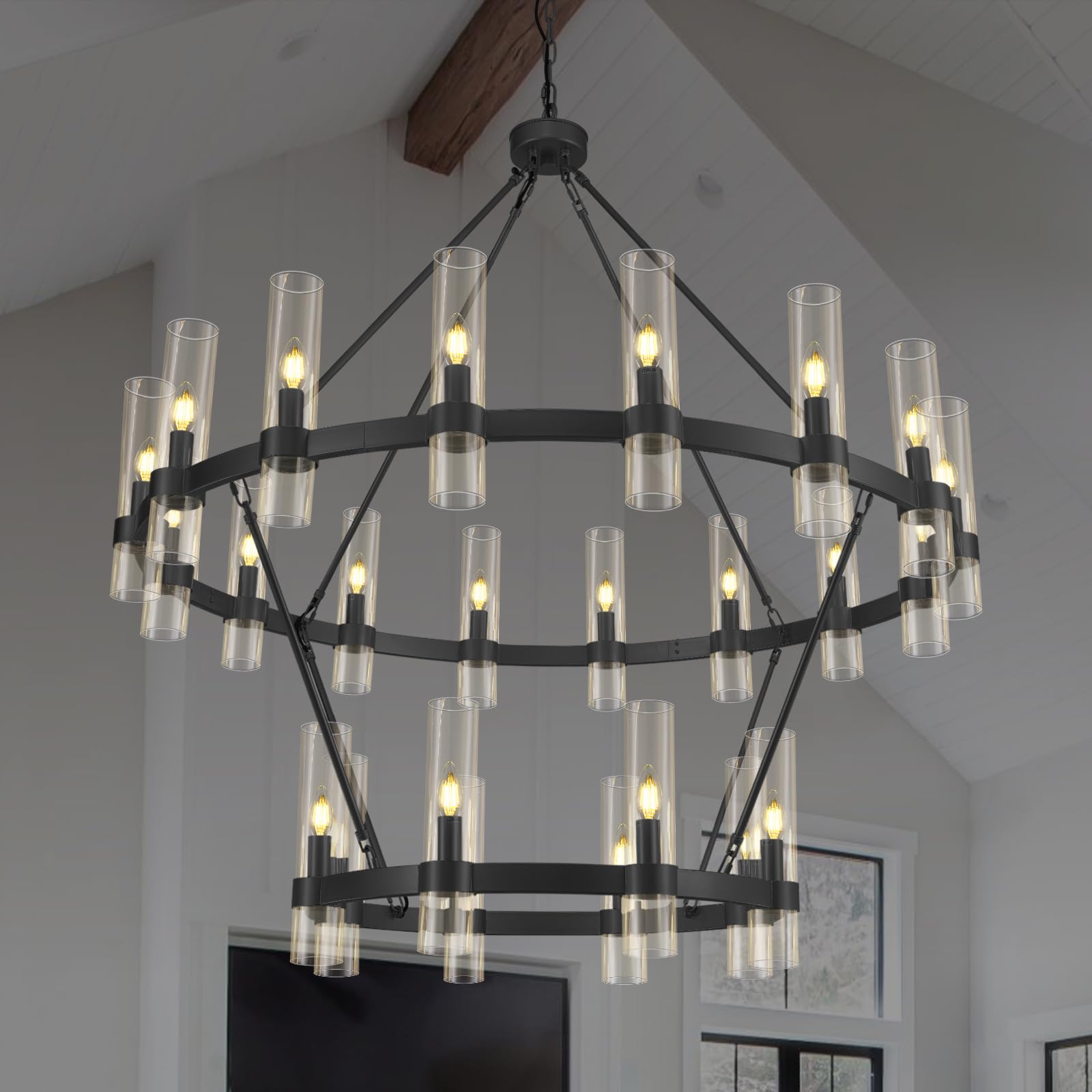 Black Wagon Wheel Chandelier 2 Tier, 48 Inch Chandeliers with Glass Shade, 24-Light Large Chandelier for High Ceiling, Modern Bl