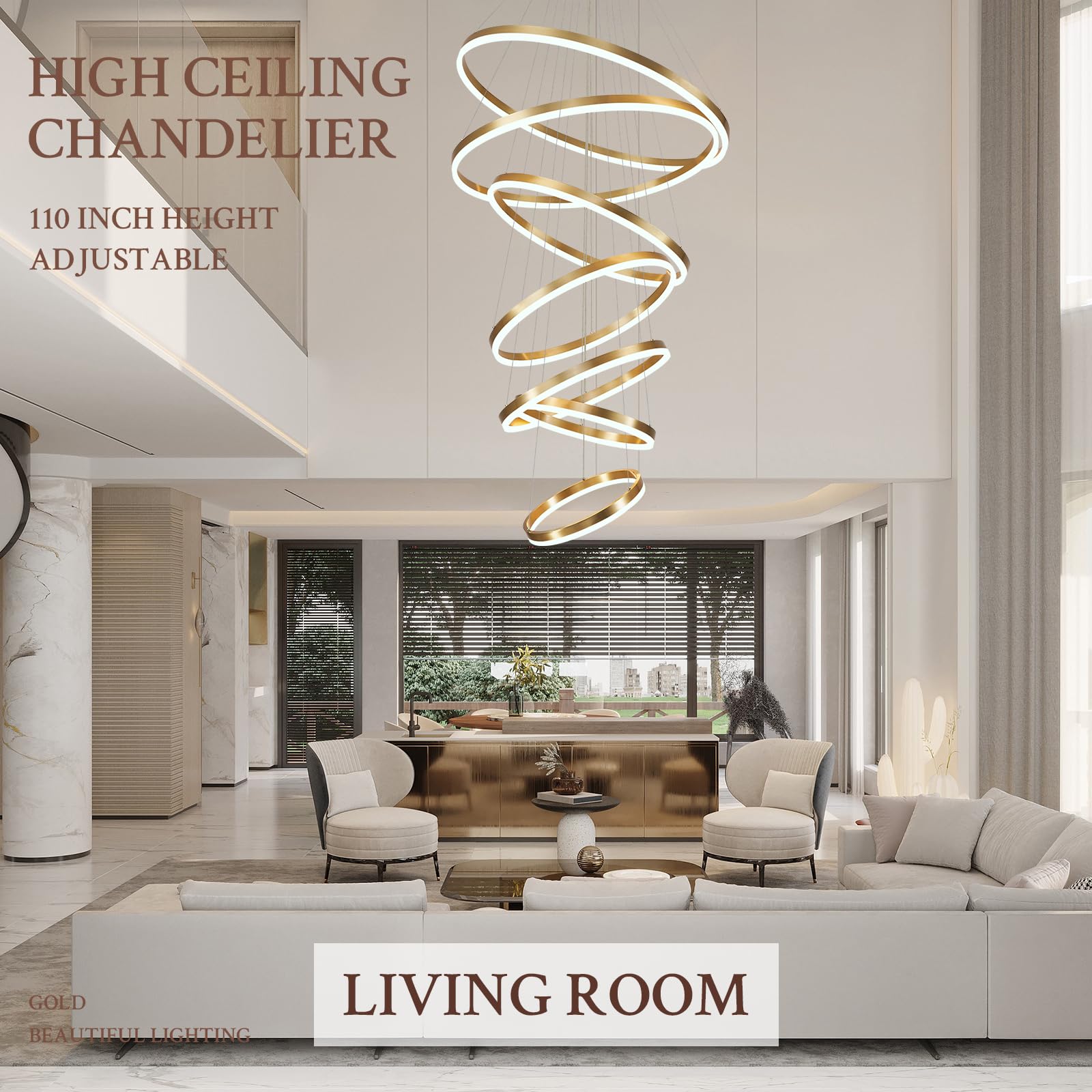 Sparklelf Modern LED Chandelier, 7 Rings 31.5in, Gold, Dimmable, Remote Control, 3000K-6500K for Staircase, Entryway,