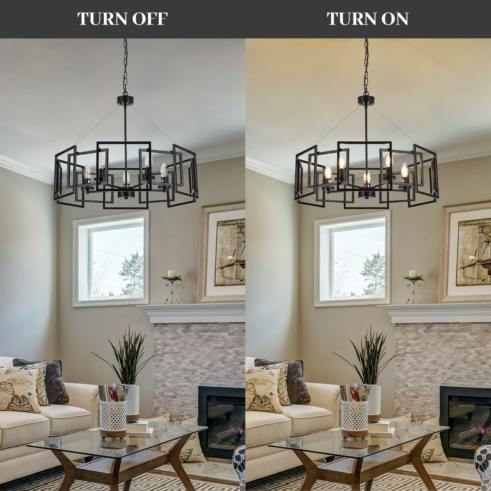 5-Light Black Geometric Chandelier,Height Adjustable Industrial Chandelier For Dining Room,Modern Farmhouse Chandelier Light Fix